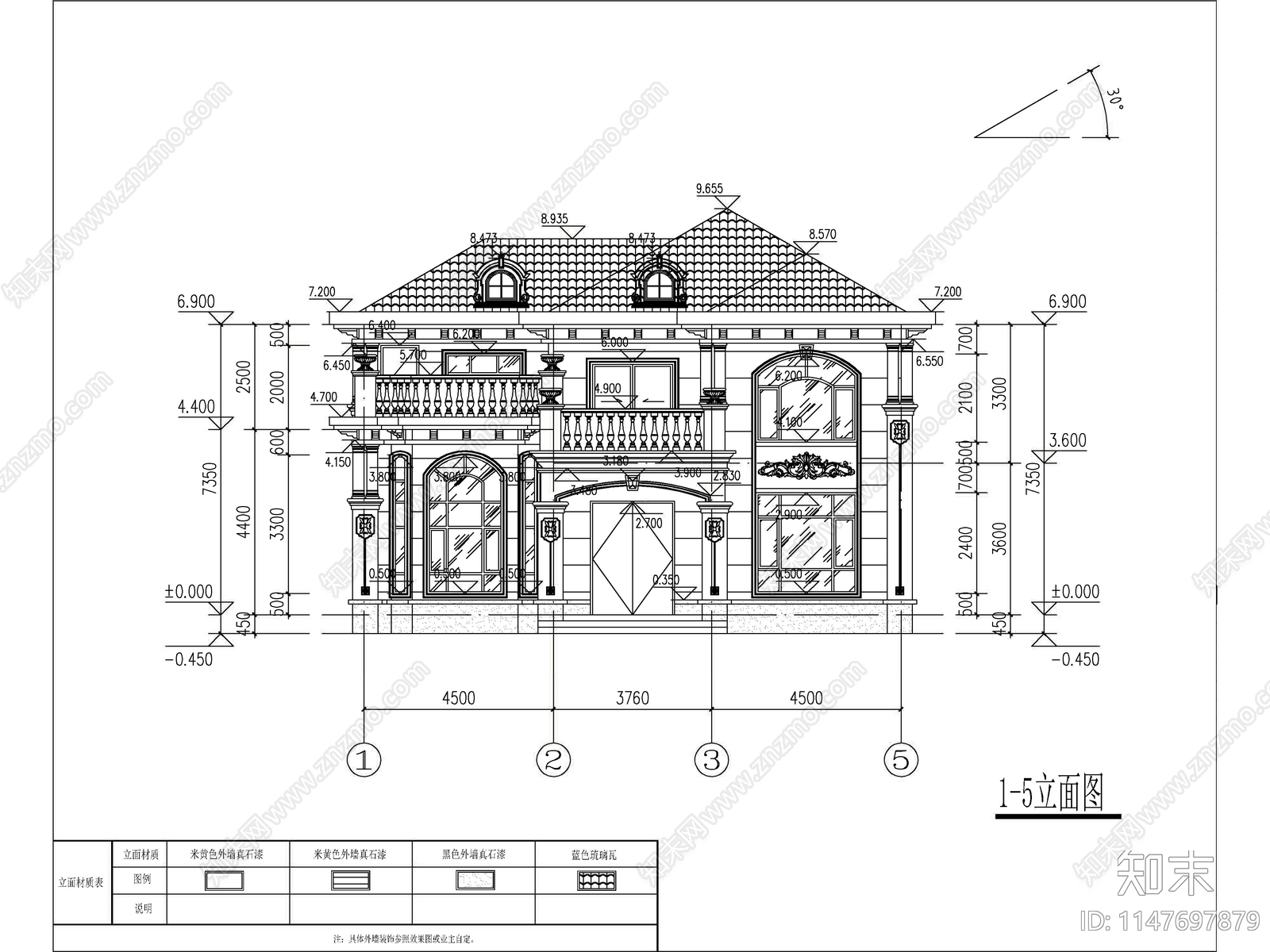 欧式两层独栋别墅建筑施工图cad施工图下载【ID:1147697879】