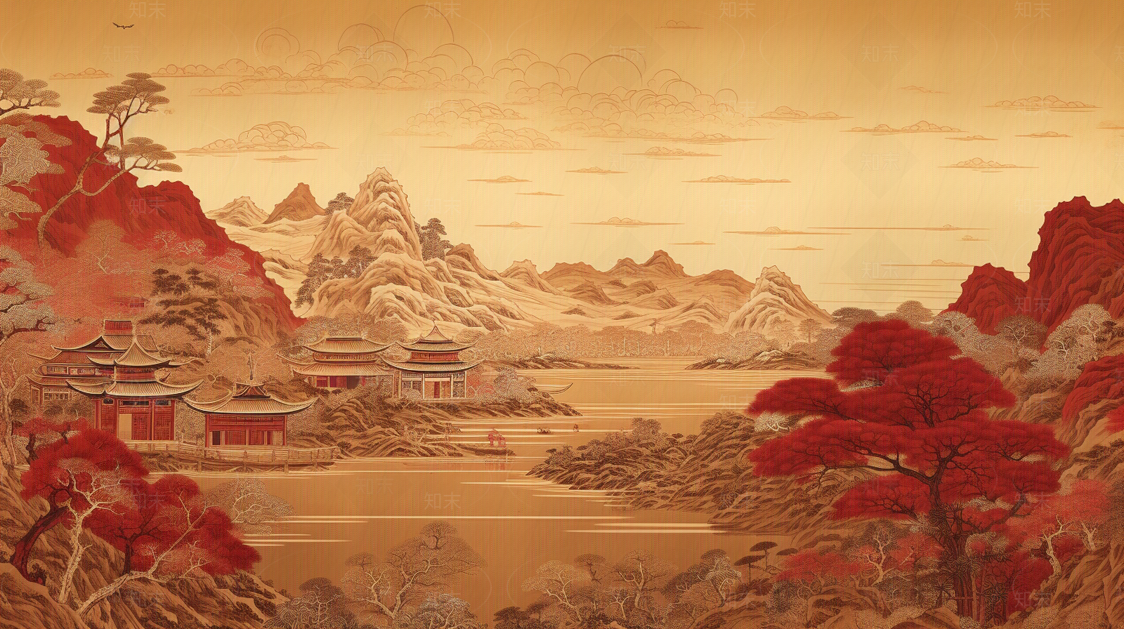 新中式红色建筑壁画贴图下载【ID:1147702232】