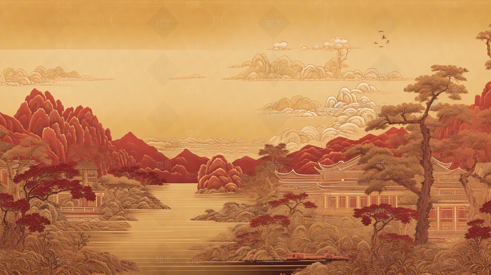 新中式红色建筑山水园林壁画贴图下载【ID:1147702371】