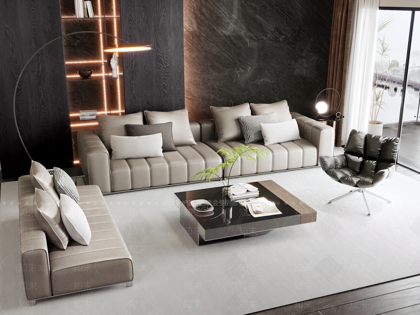 现代皮质沙发茶几组合3D模型下载【ID:1147704586】