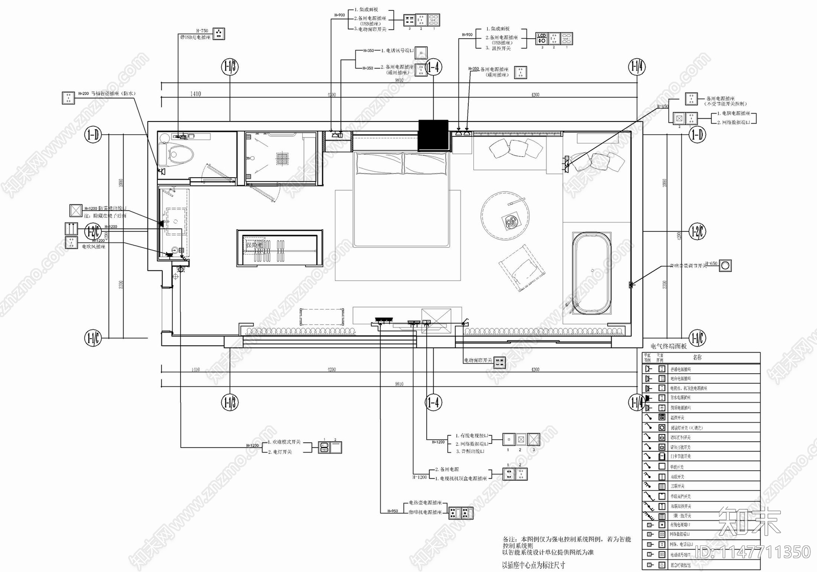 45㎡酒店大床房客房cad施工图下载【ID:1147711350】