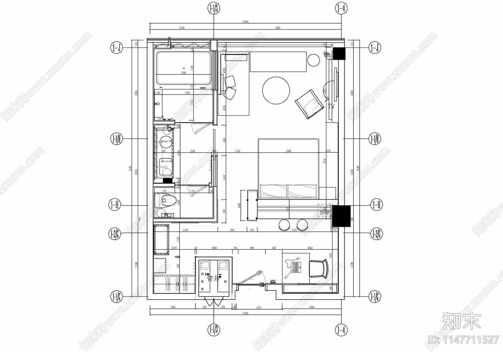 55㎡酒店客房cad施工图下载【ID:1147711527】