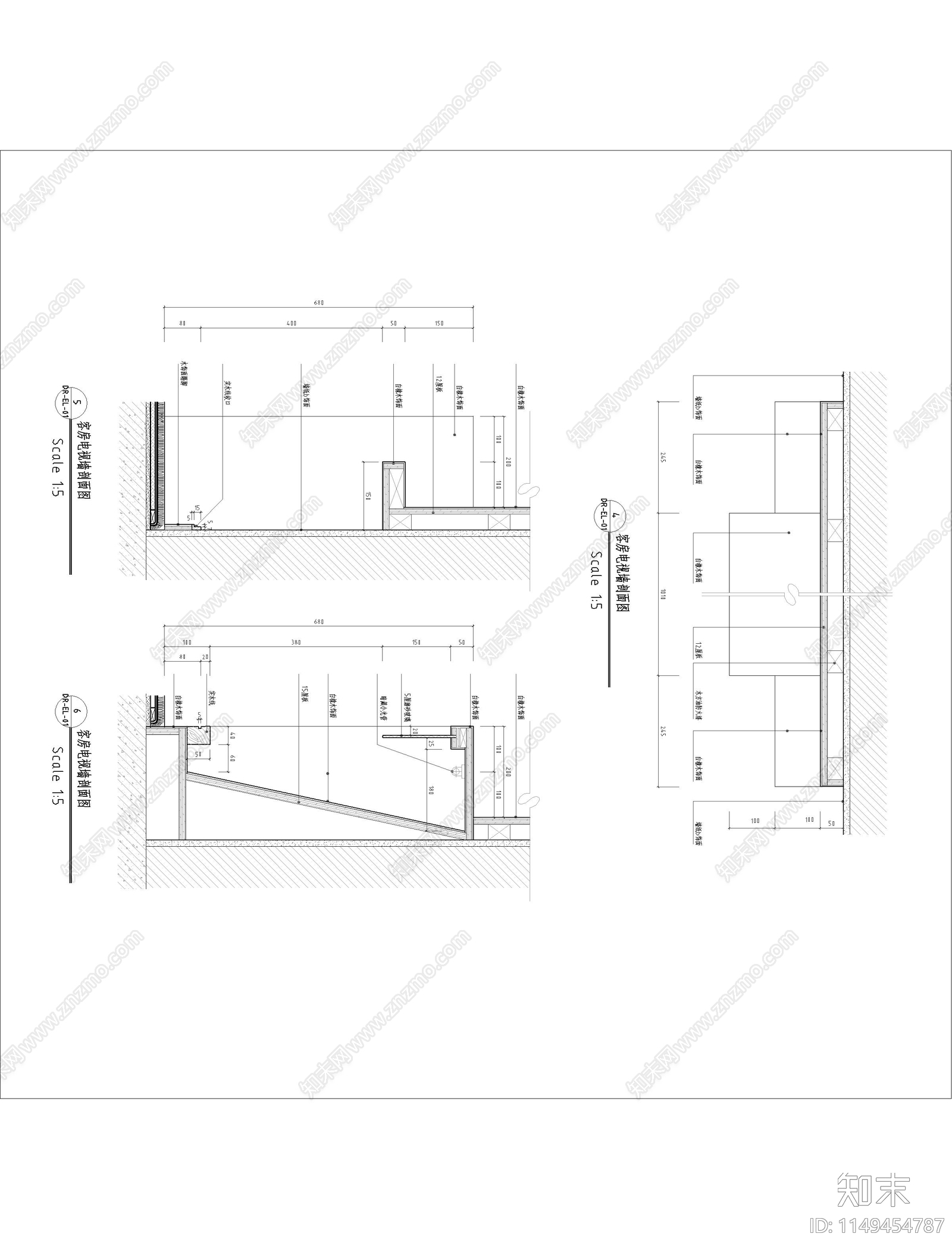 电视墙剖面做法节点详图cad施工图下载【ID:1149454787】