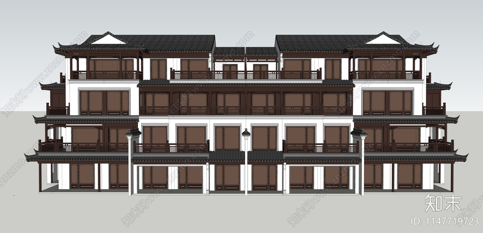 新中式联排别墅SU模型下载【ID:1147719723】