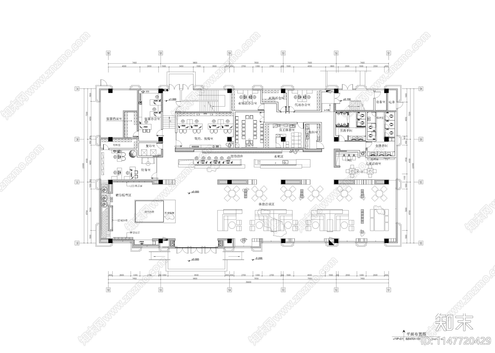 1000㎡售楼中心室内cad施工图下载【ID:1147720429】