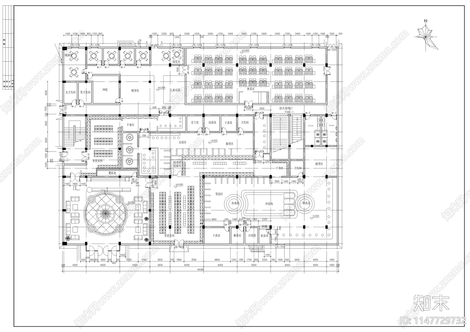 休闲中心建筑cad施工图下载【ID:1147729732】