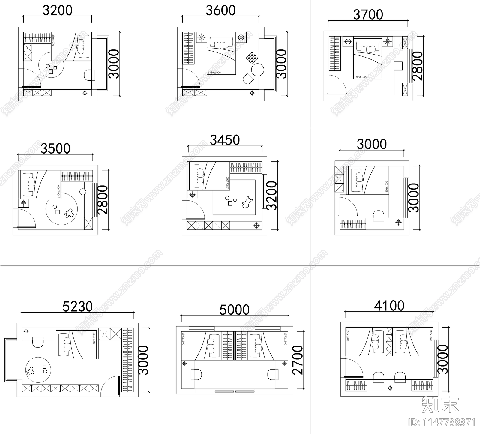 90个卧室平面cad施工图下载【ID:1147738371】