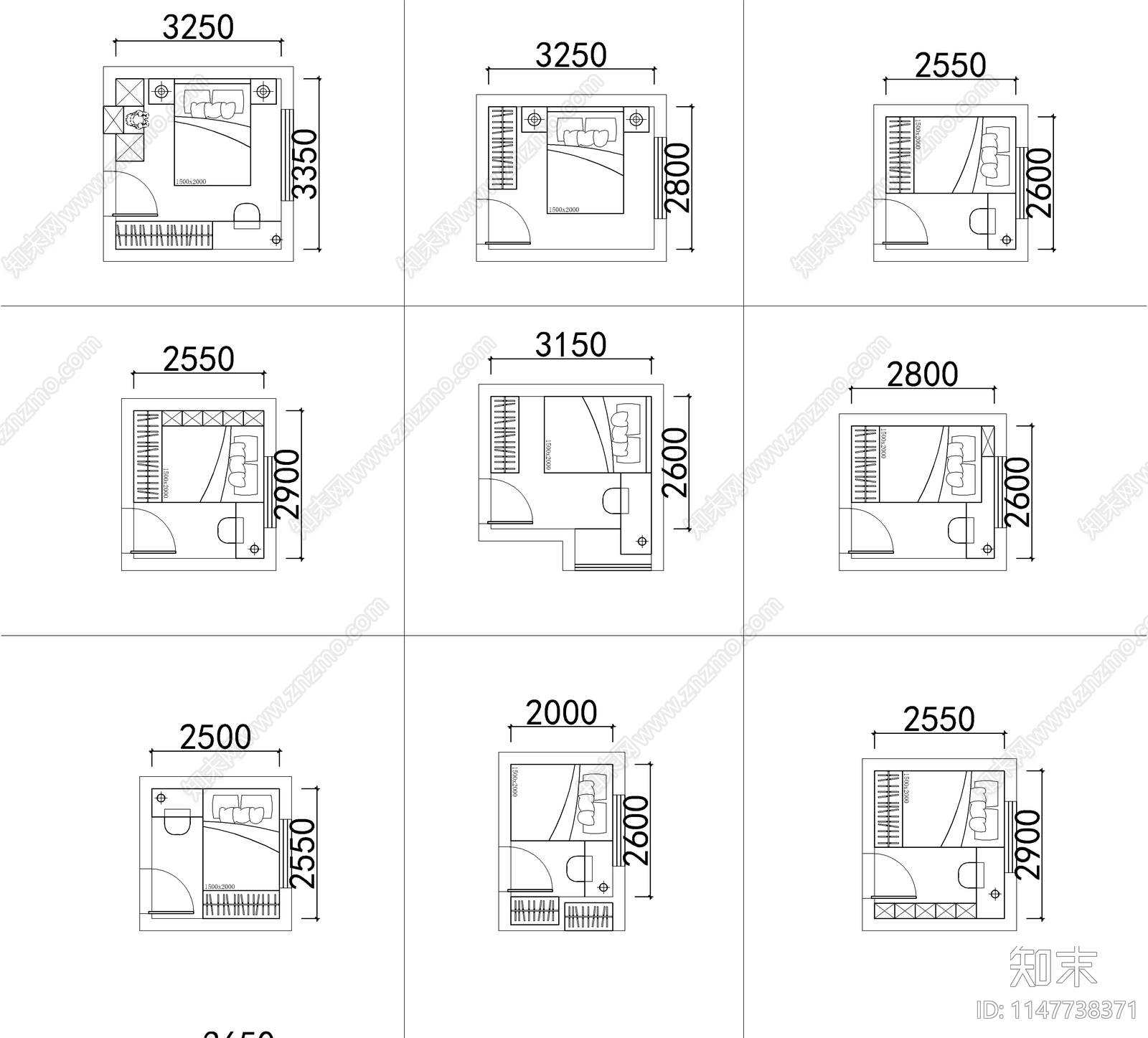 90个卧室平面cad施工图下载【ID:1147738371】