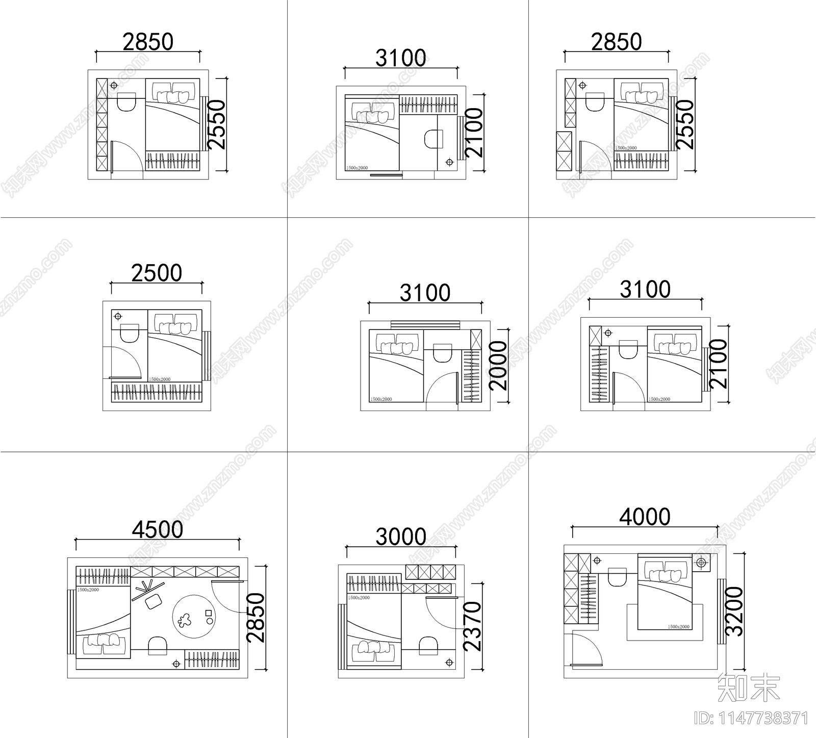 90个卧室平面cad施工图下载【ID:1147738371】