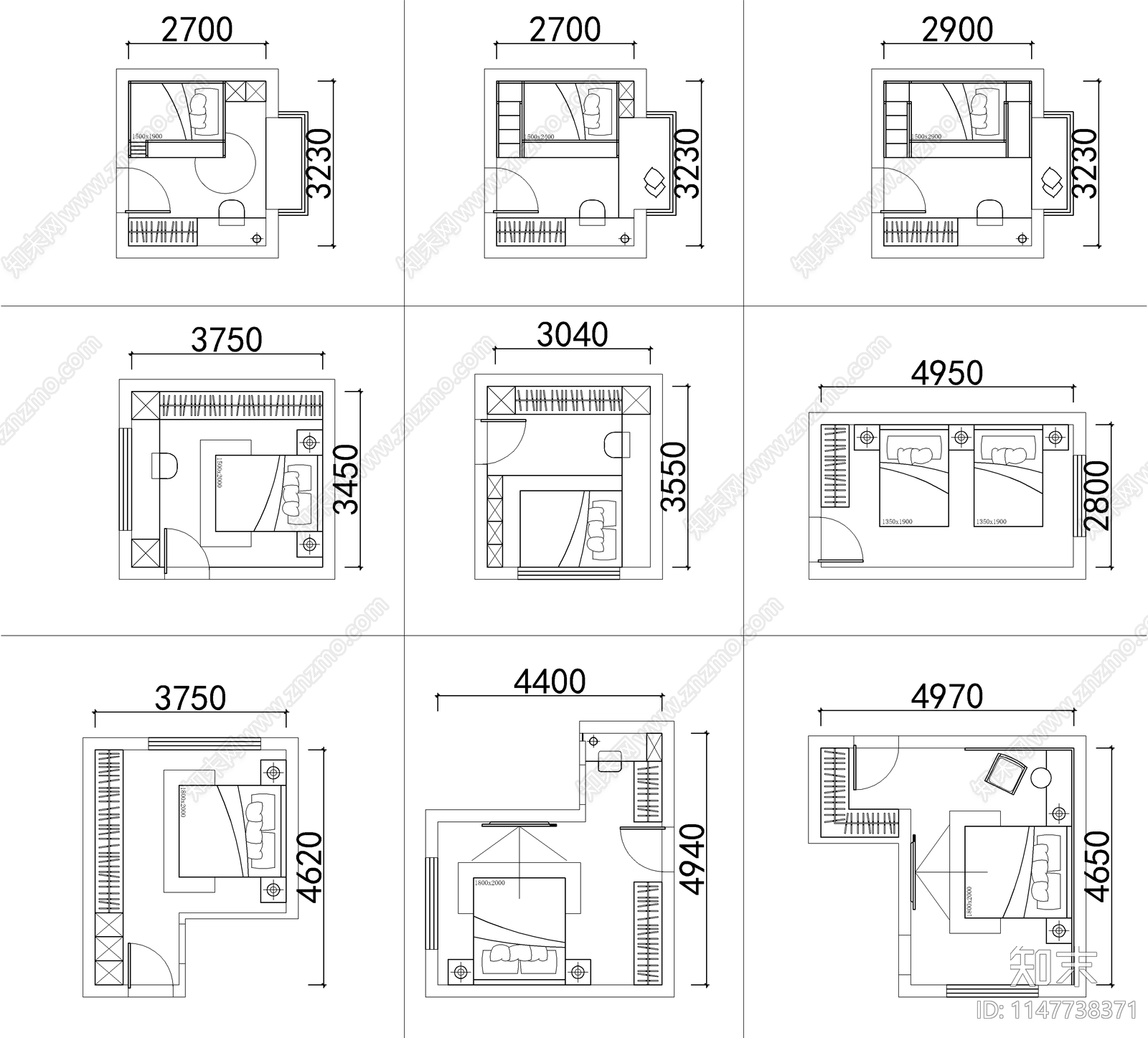 90个卧室平面cad施工图下载【ID:1147738371】