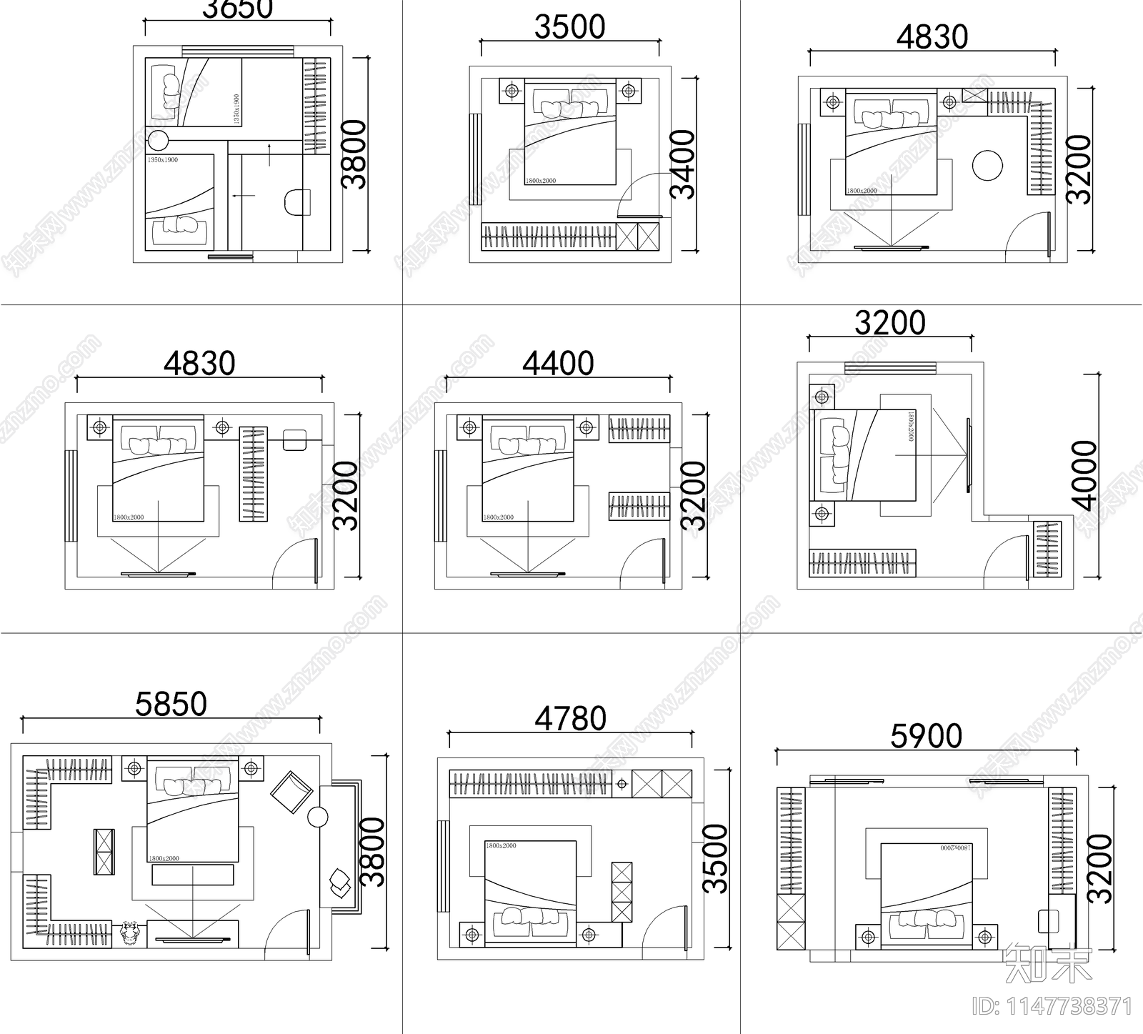 90个卧室平面cad施工图下载【ID:1147738371】