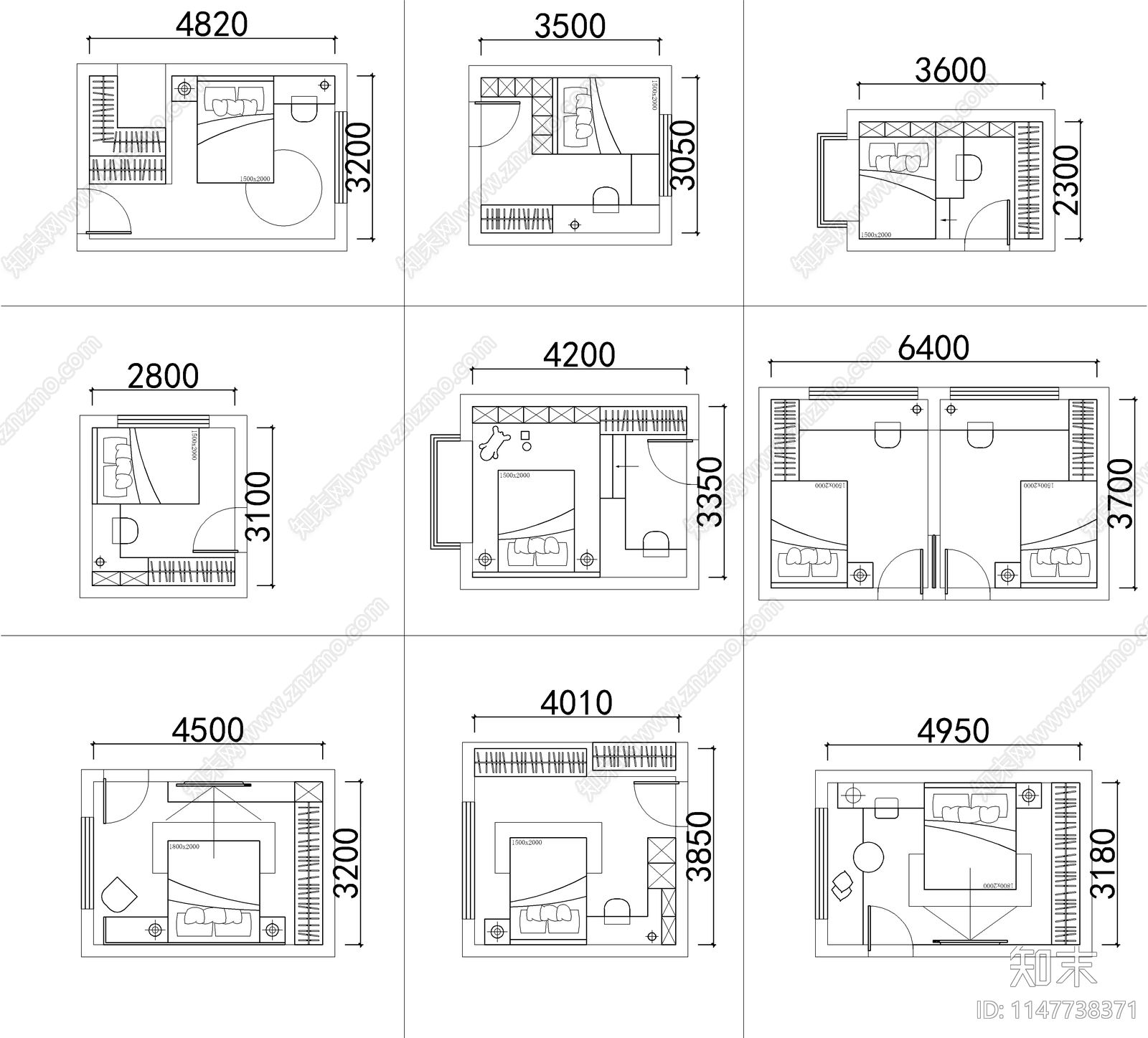 90个卧室平面cad施工图下载【ID:1147738371】