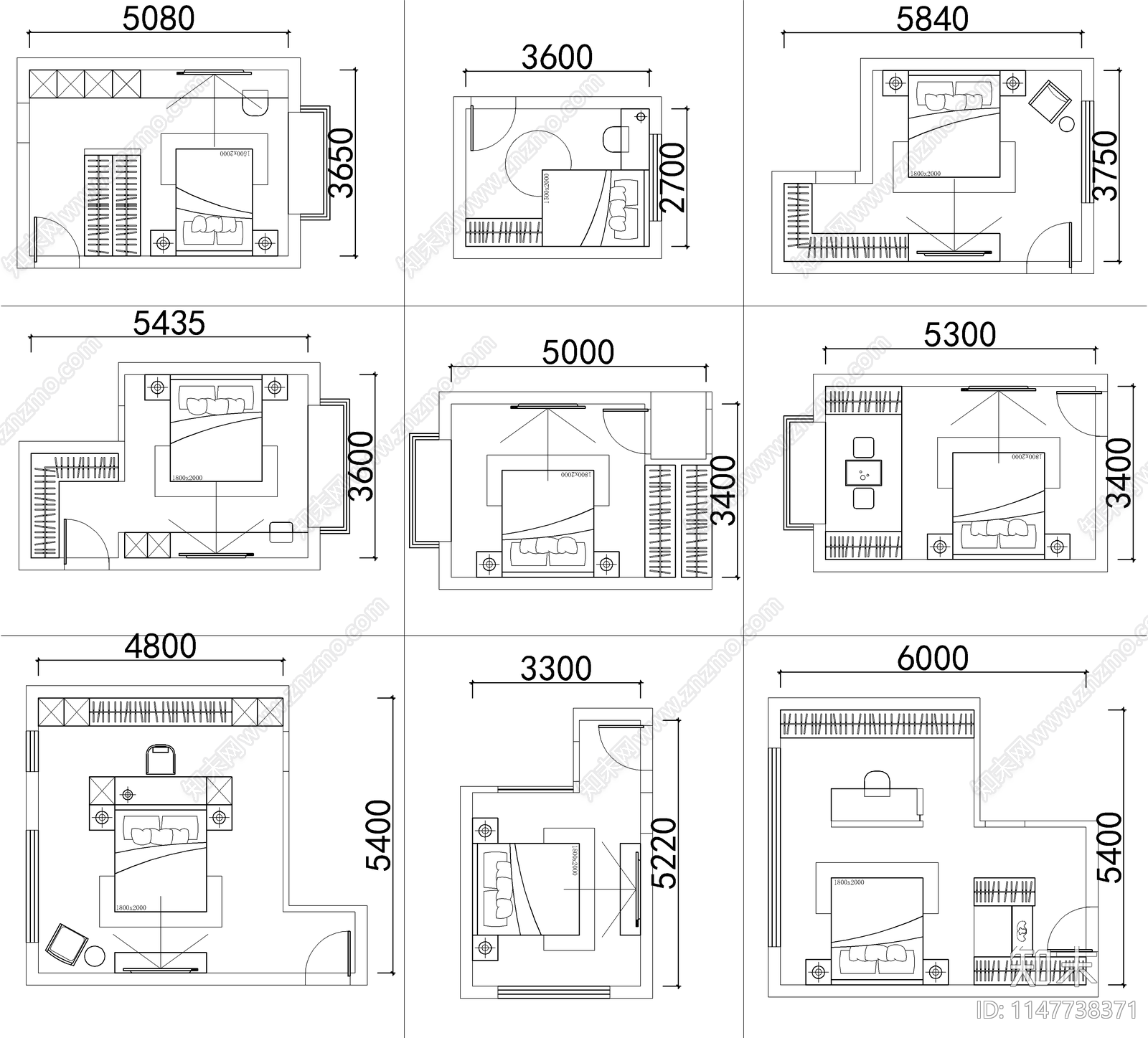 90个卧室平面cad施工图下载【ID:1147738371】