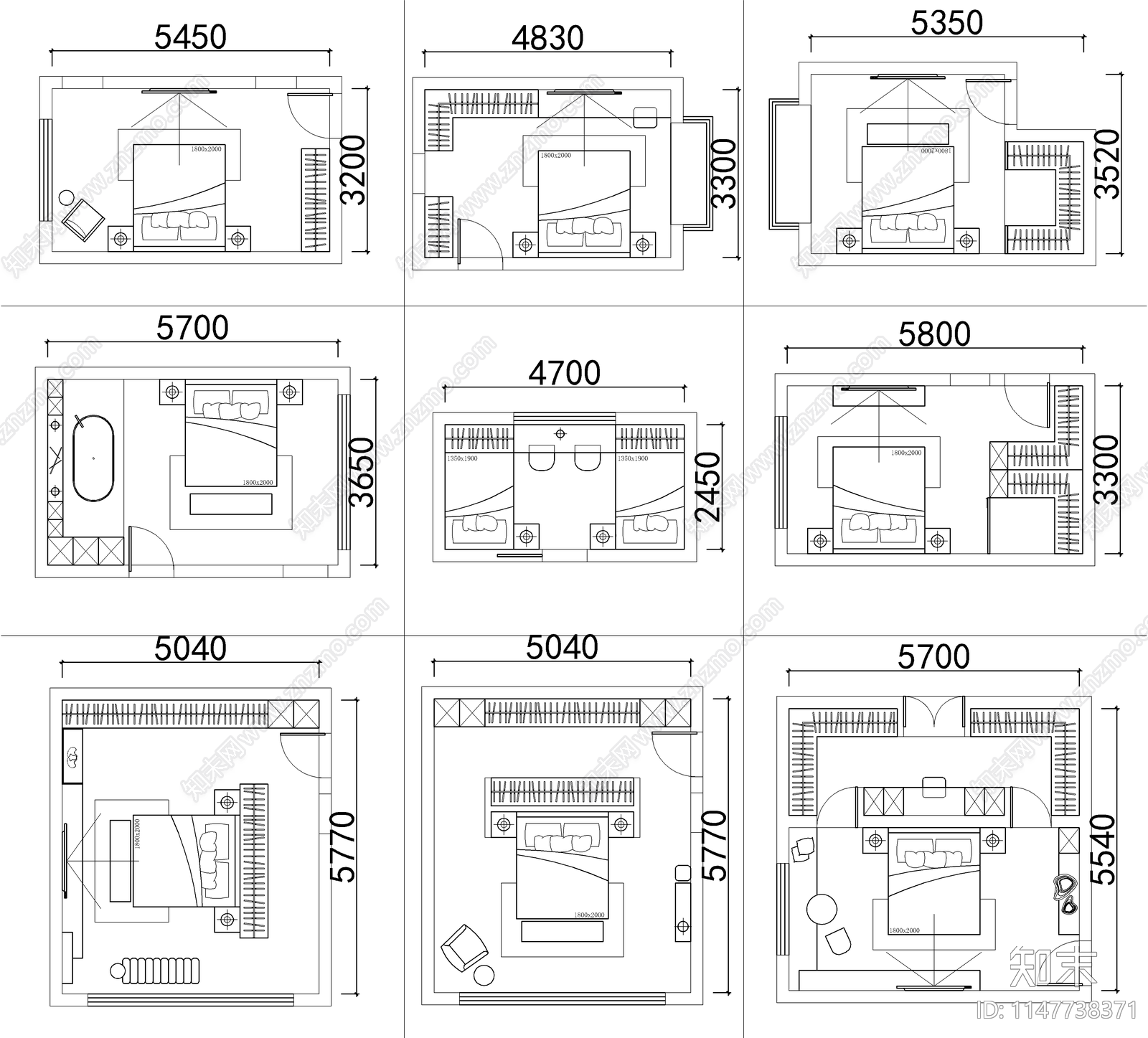 90个卧室平面cad施工图下载【ID:1147738371】