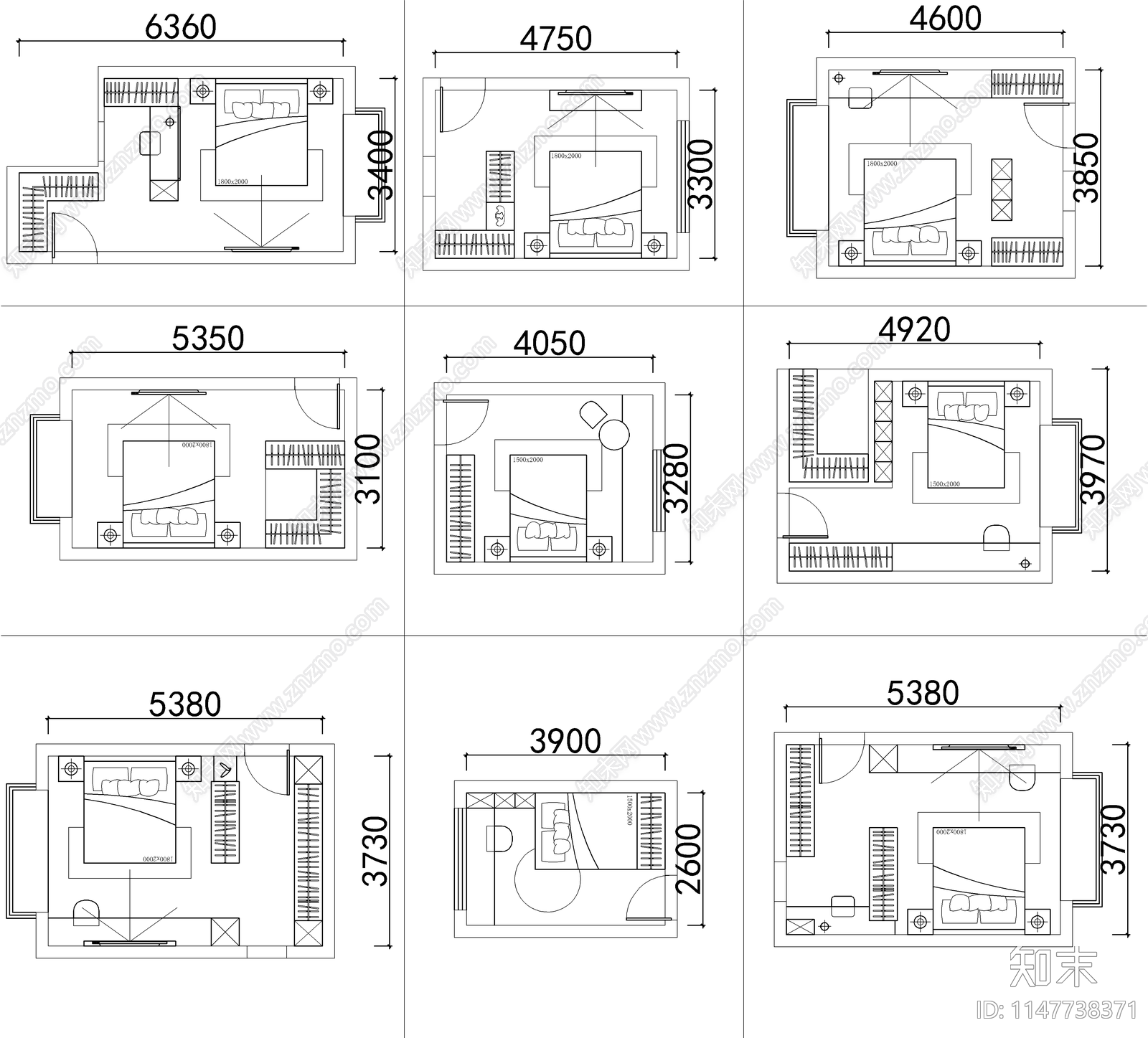 90个卧室平面cad施工图下载【ID:1147738371】