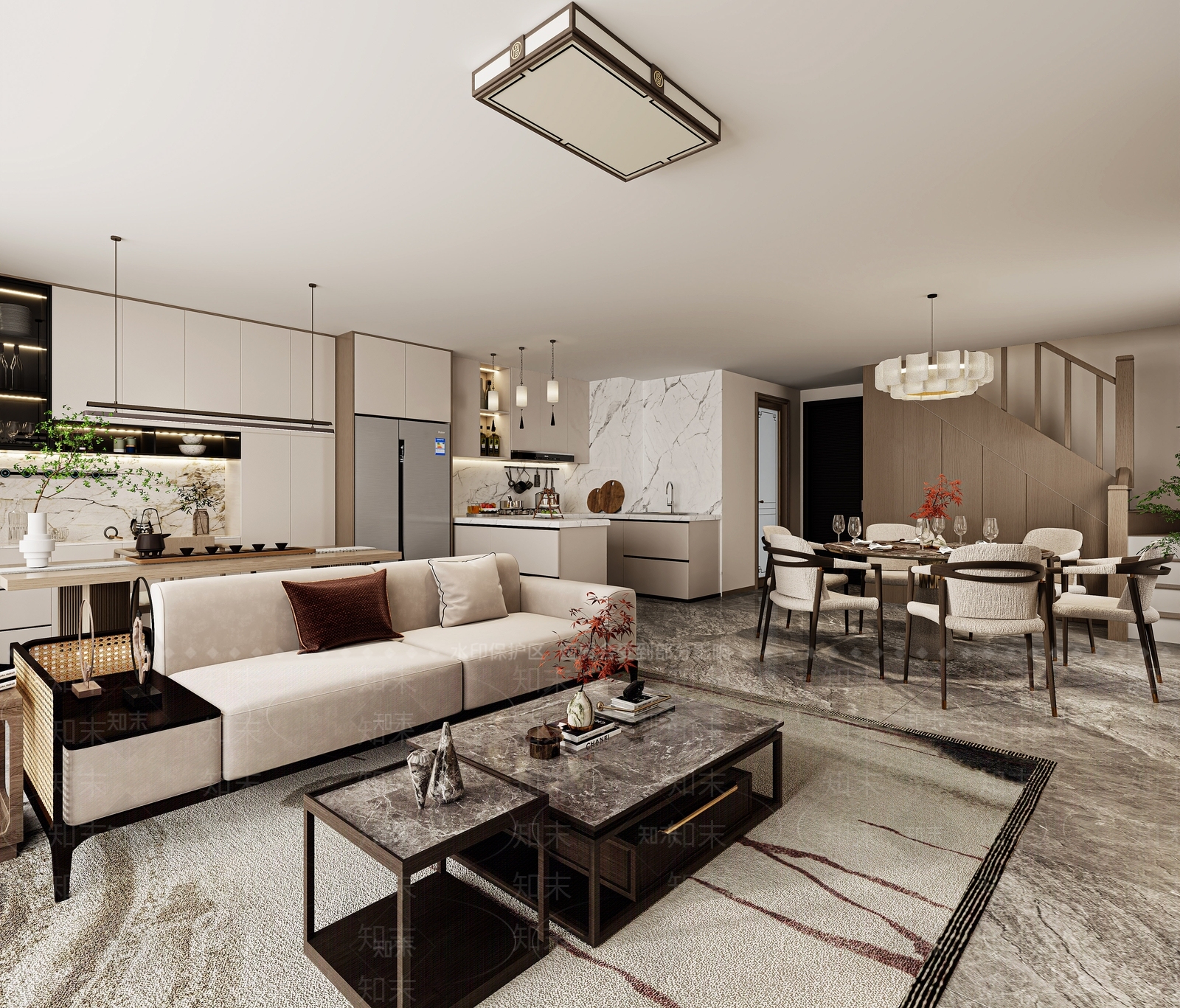 新中式loft客餐厅3D模型下载【ID:1147750724】