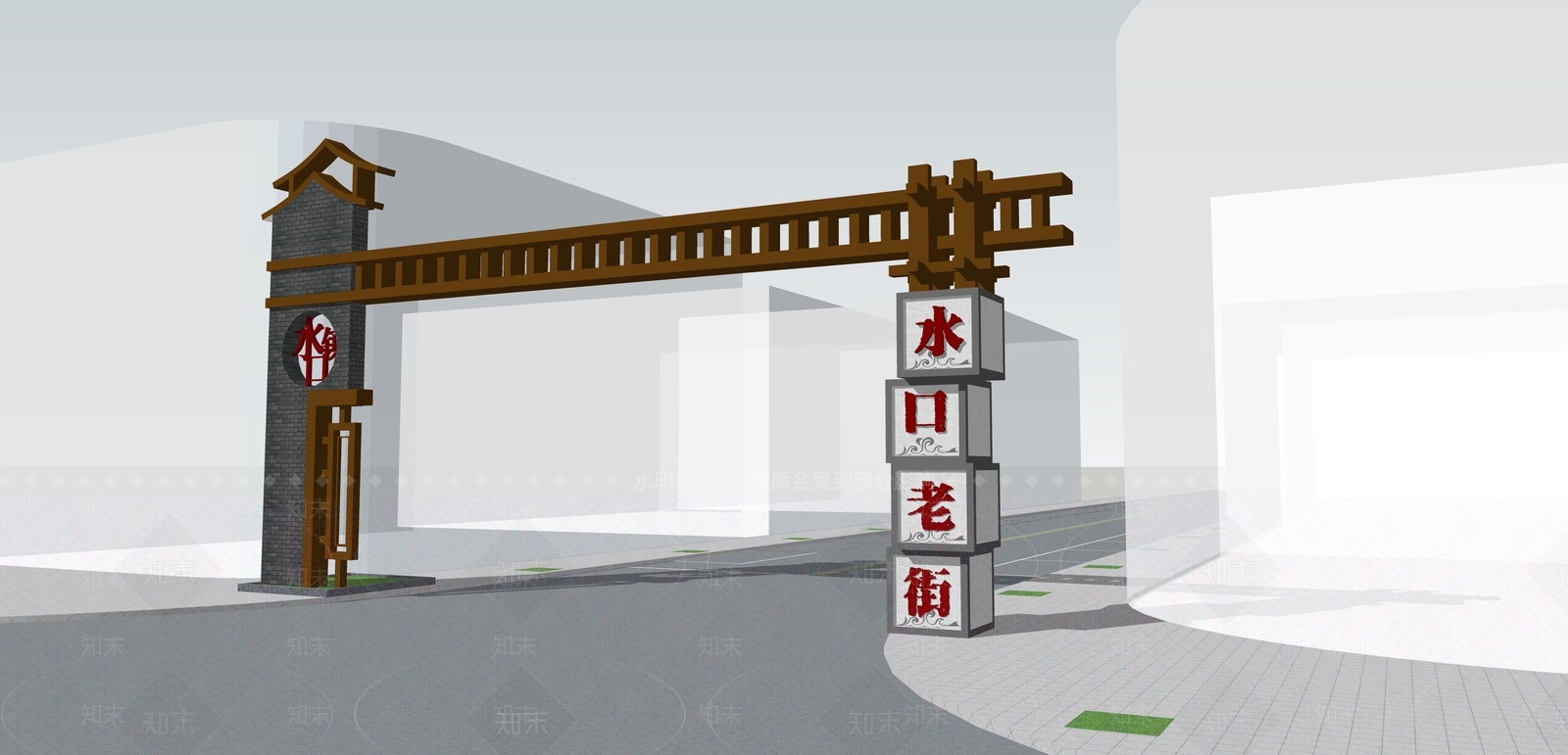新中式村庄入口标识SU模型下载【ID:1147778893】