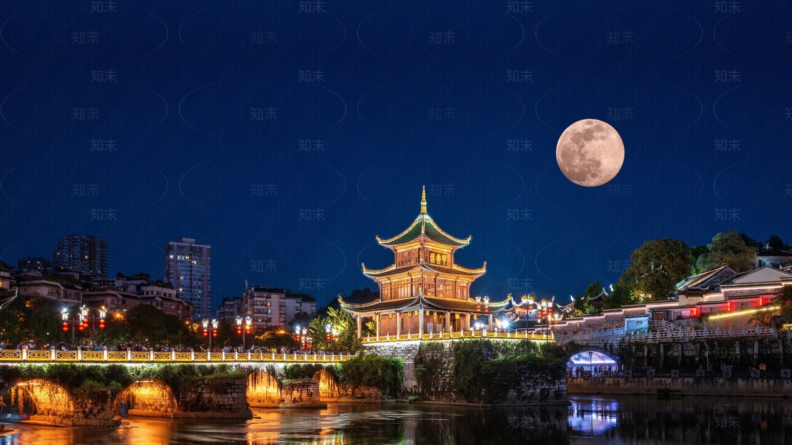 古建筑夜景装饰画贴图下载【ID:1147784575】