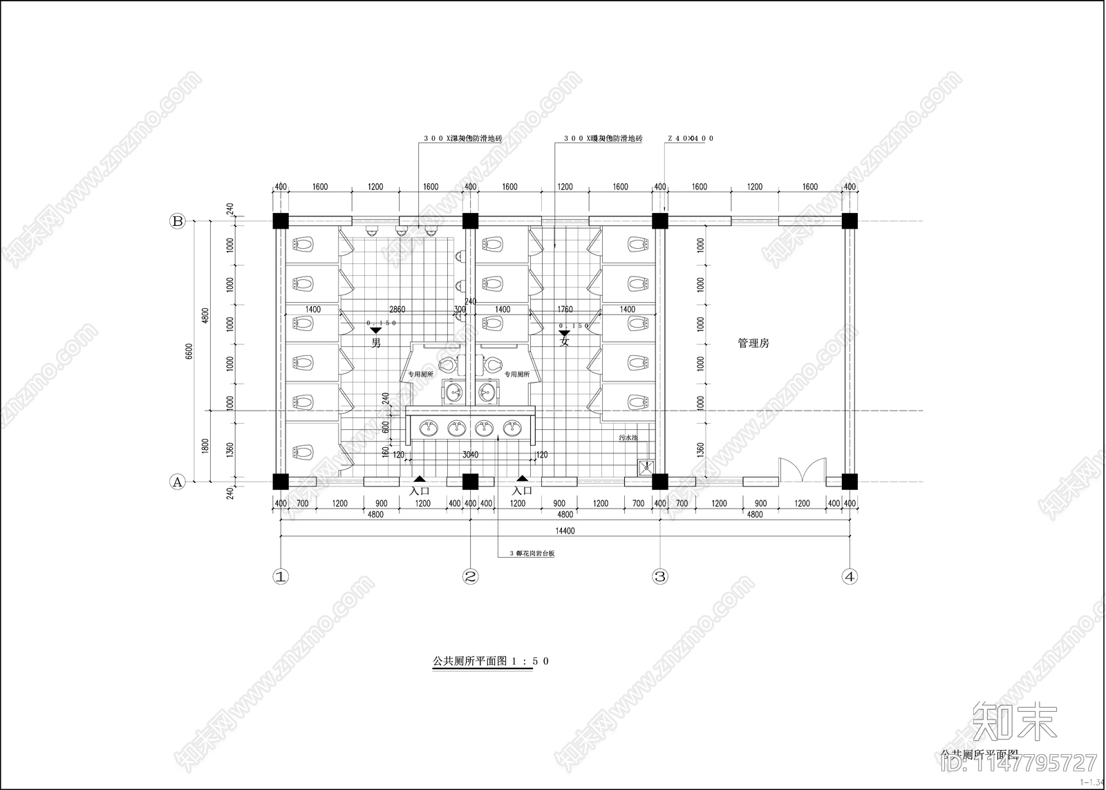 中式乡村公厕建筑cad施工图下载【ID:1147795727】