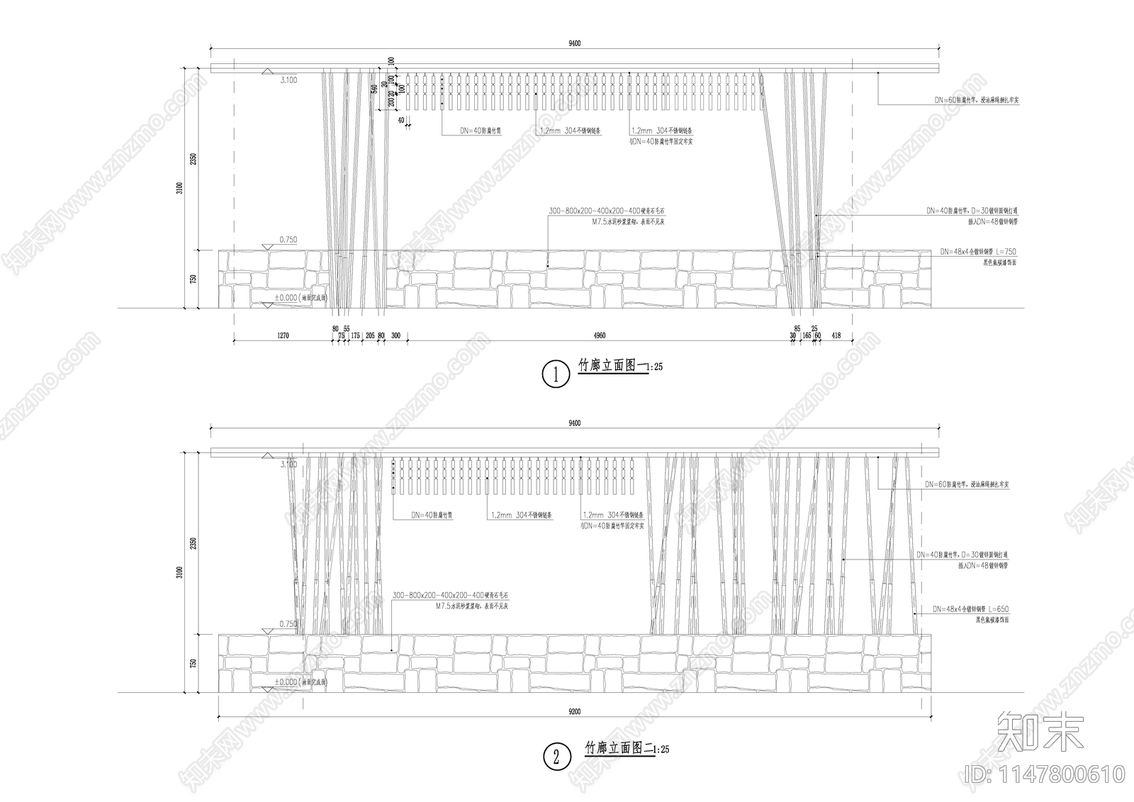 竹廊架详图cad施工图下载【ID:1147800610】