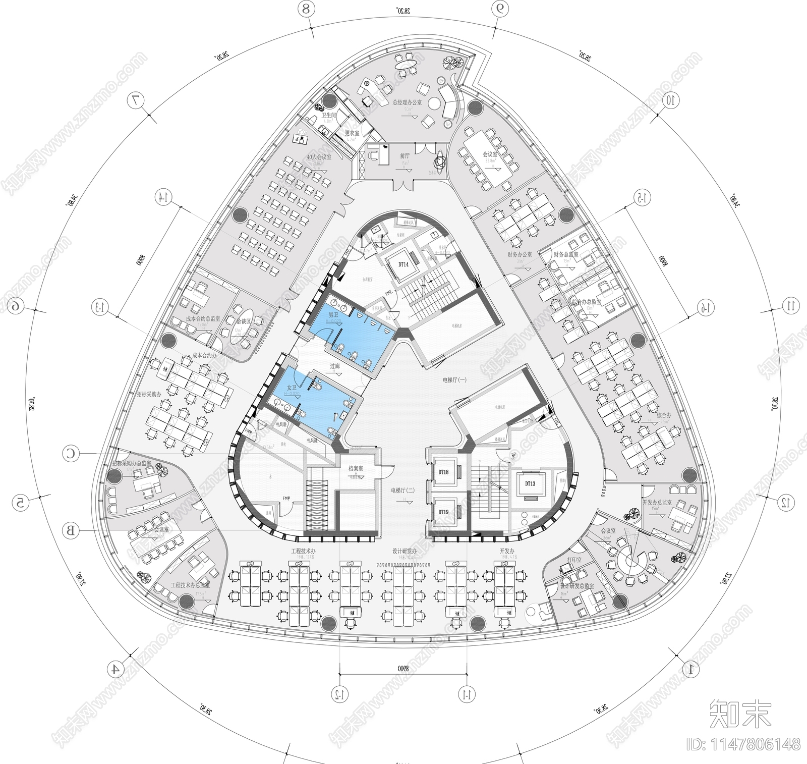 1300平异形办公室室内总平图施工图下载【ID:1147806148】