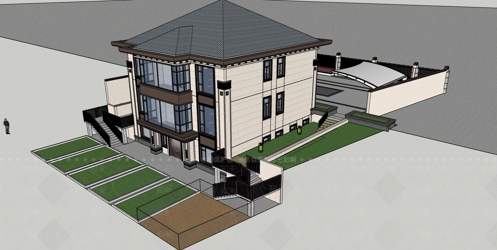 新中式坡屋顶独栋别墅SU模型下载【ID:1147832570】