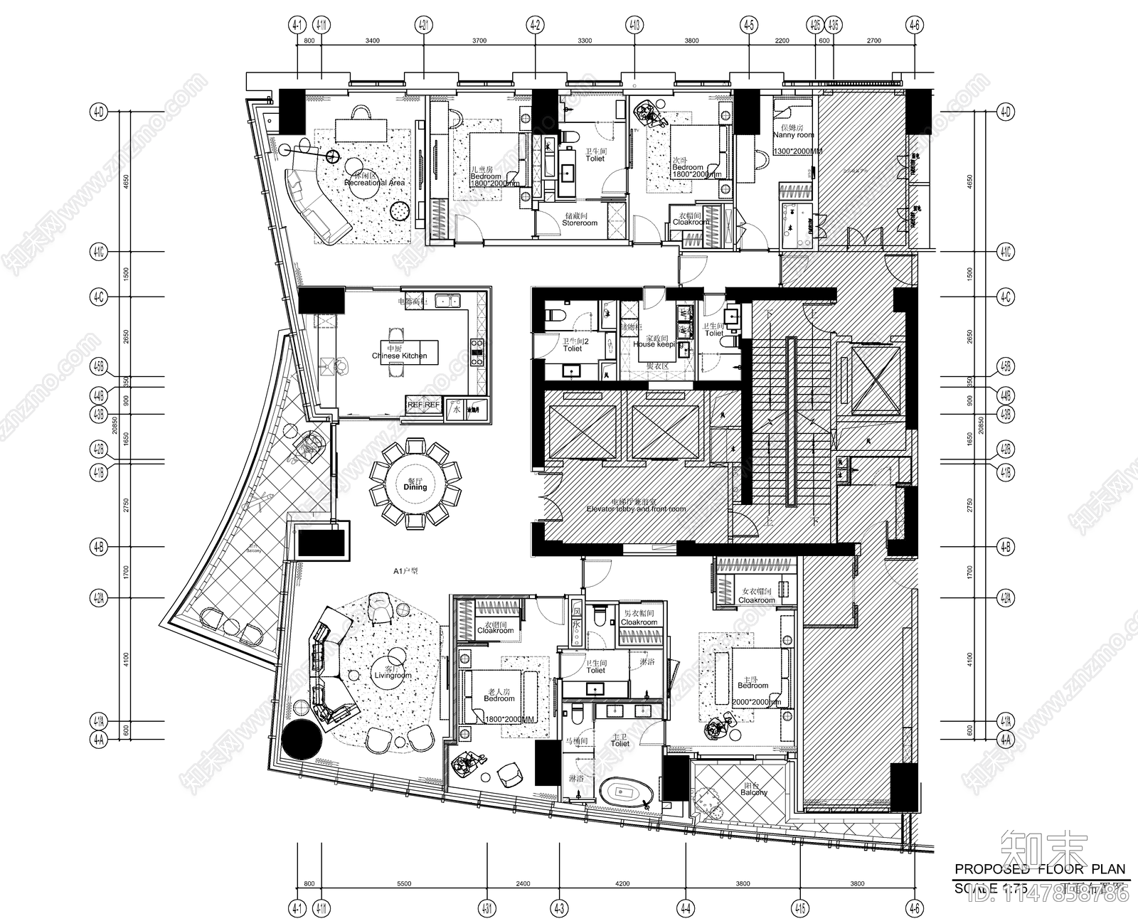 大平层室内cad施工图下载【ID:1147858786】