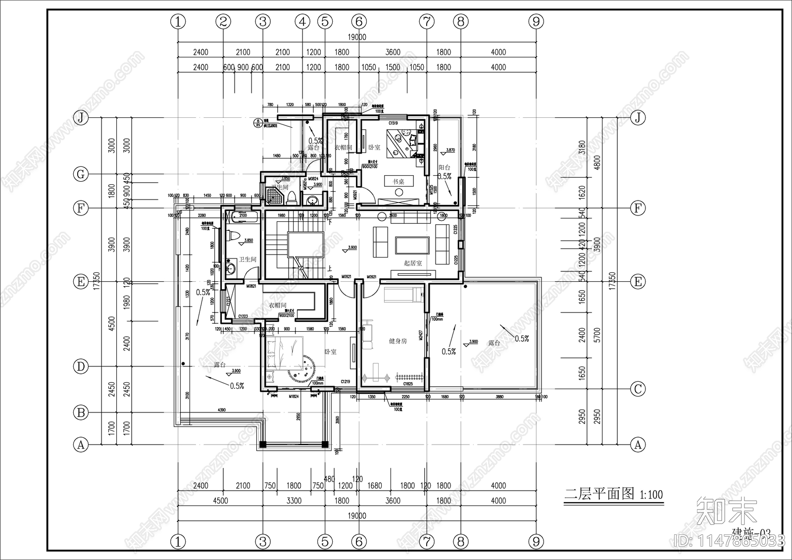 4层现代简约风格别墅建筑cad施工图下载【ID:1147865033】