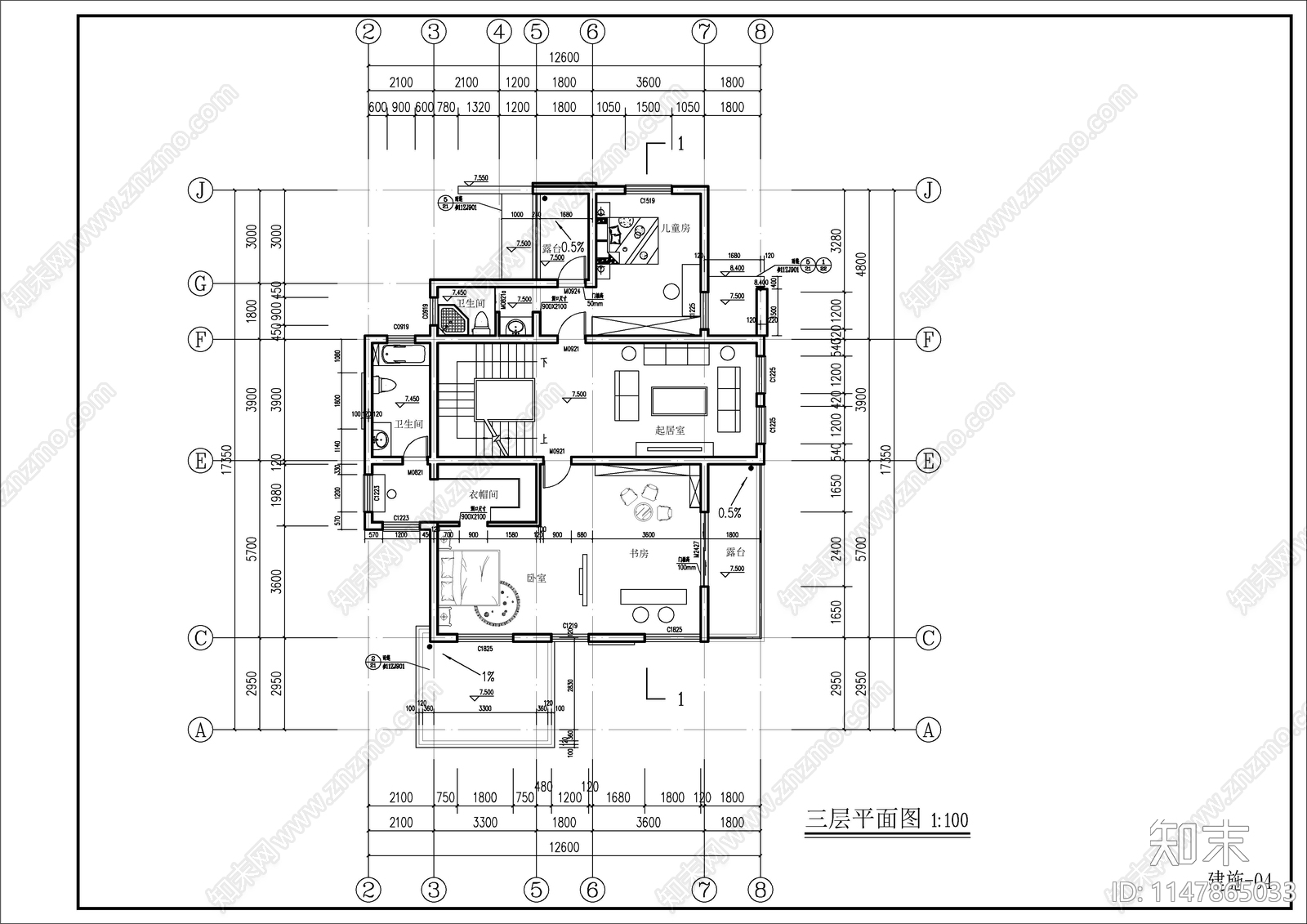 4层现代简约风格别墅建筑cad施工图下载【ID:1147865033】