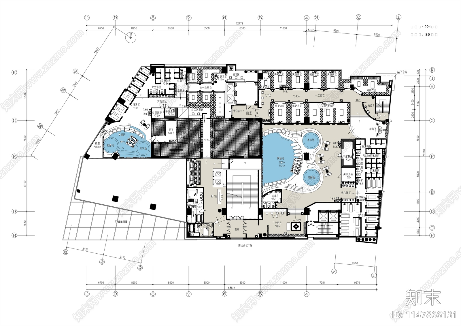 洗浴中心平面布置图施工图下载【ID:1147866131】