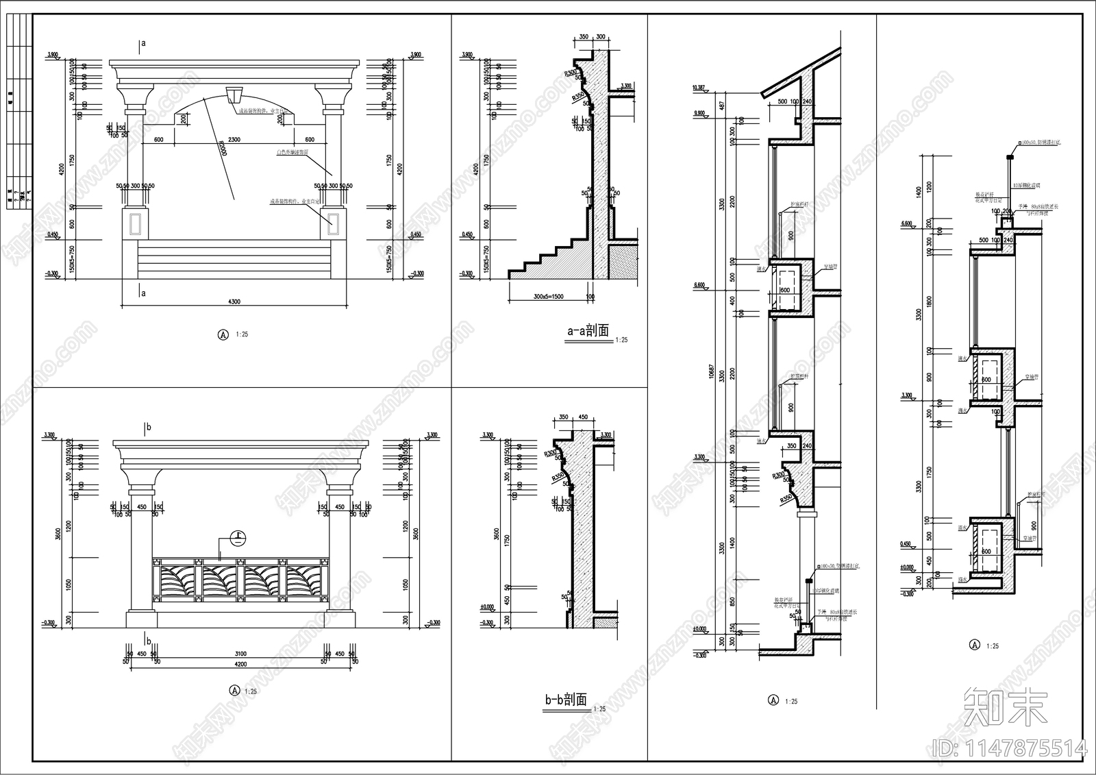 长条形三层简欧自建房建施图cad施工图下载【ID:1147875514】