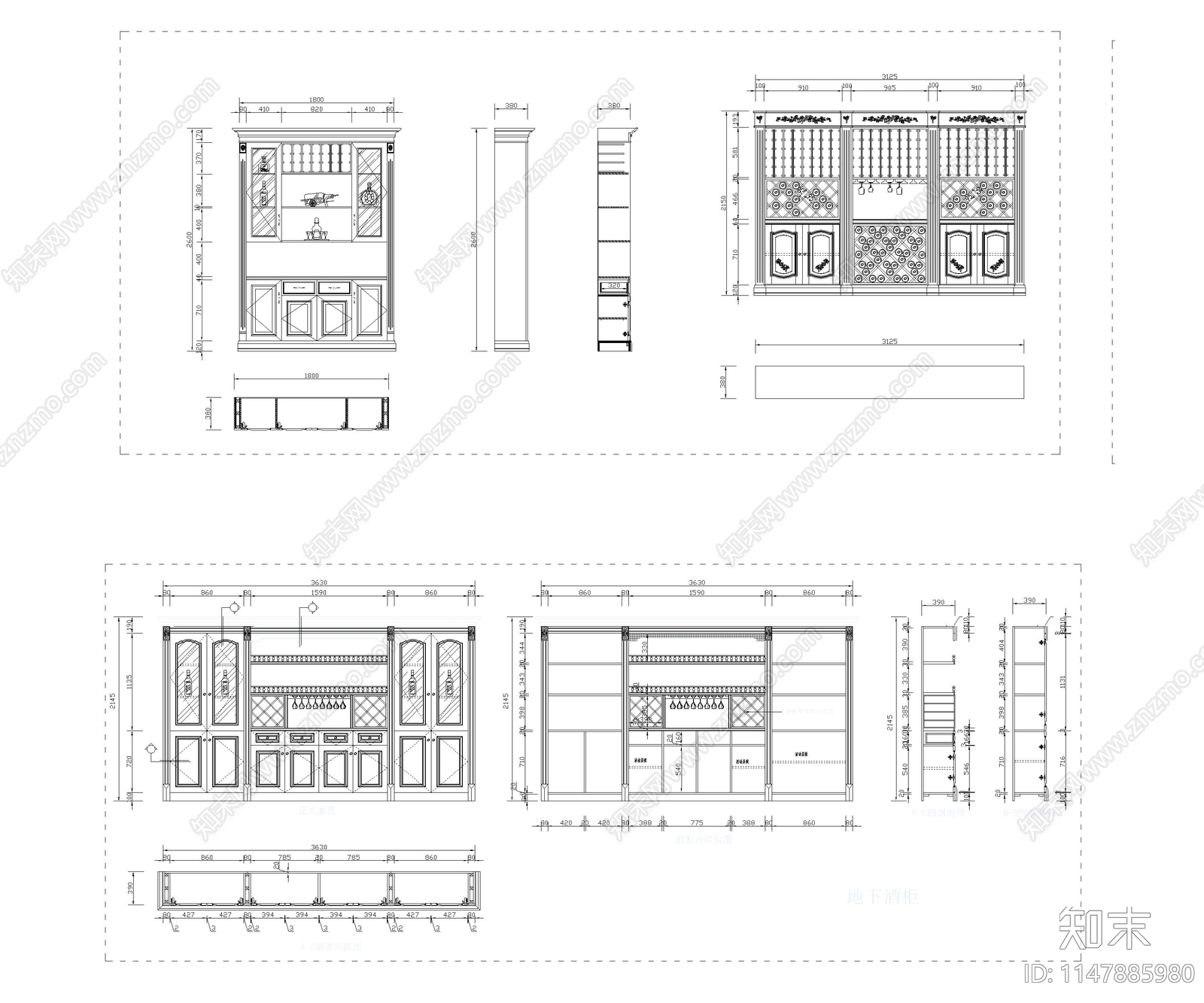 30款实木酒柜图库cad施工图下载【ID:1147885980】