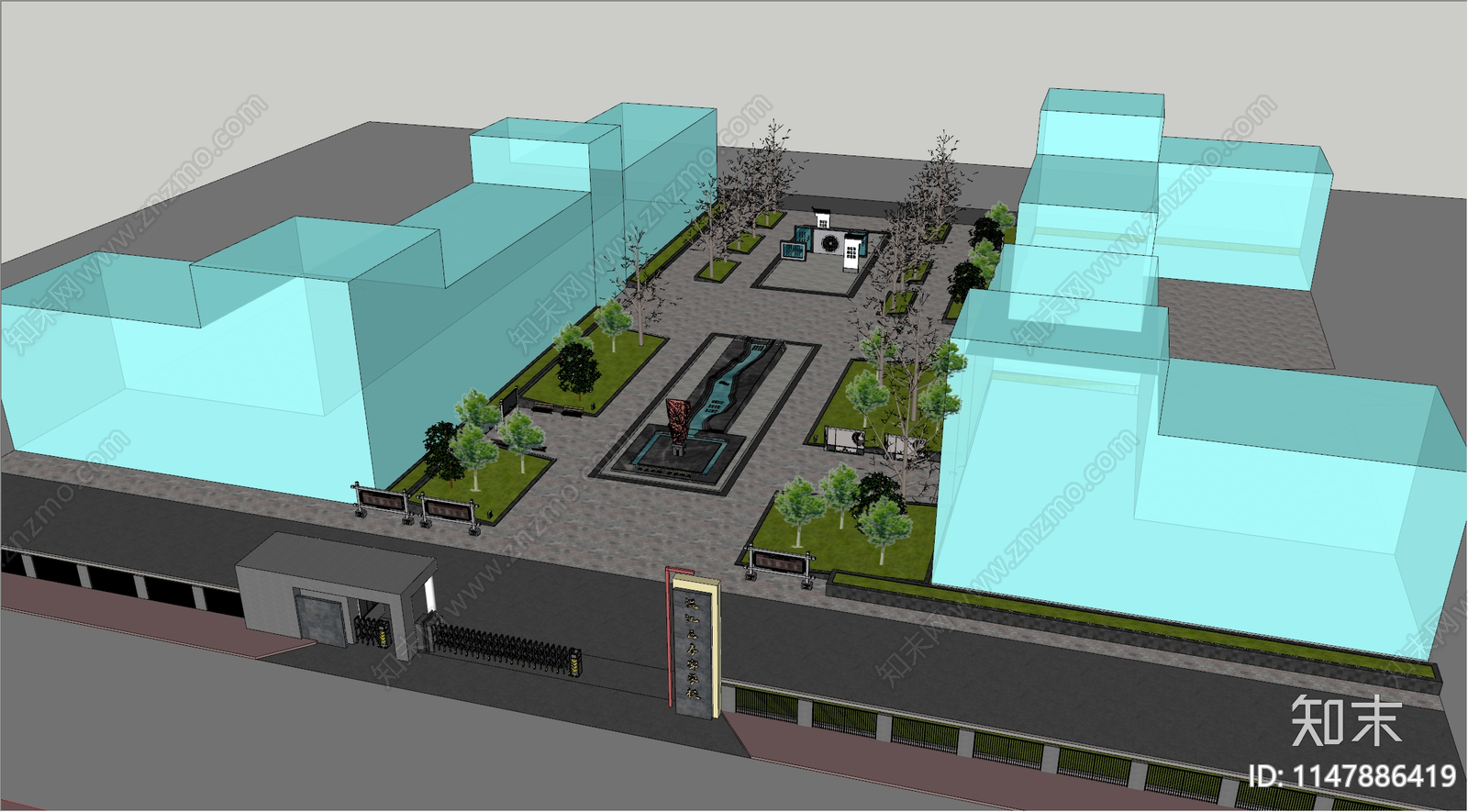 新中式校园景观SU模型下载【ID:1147886419】