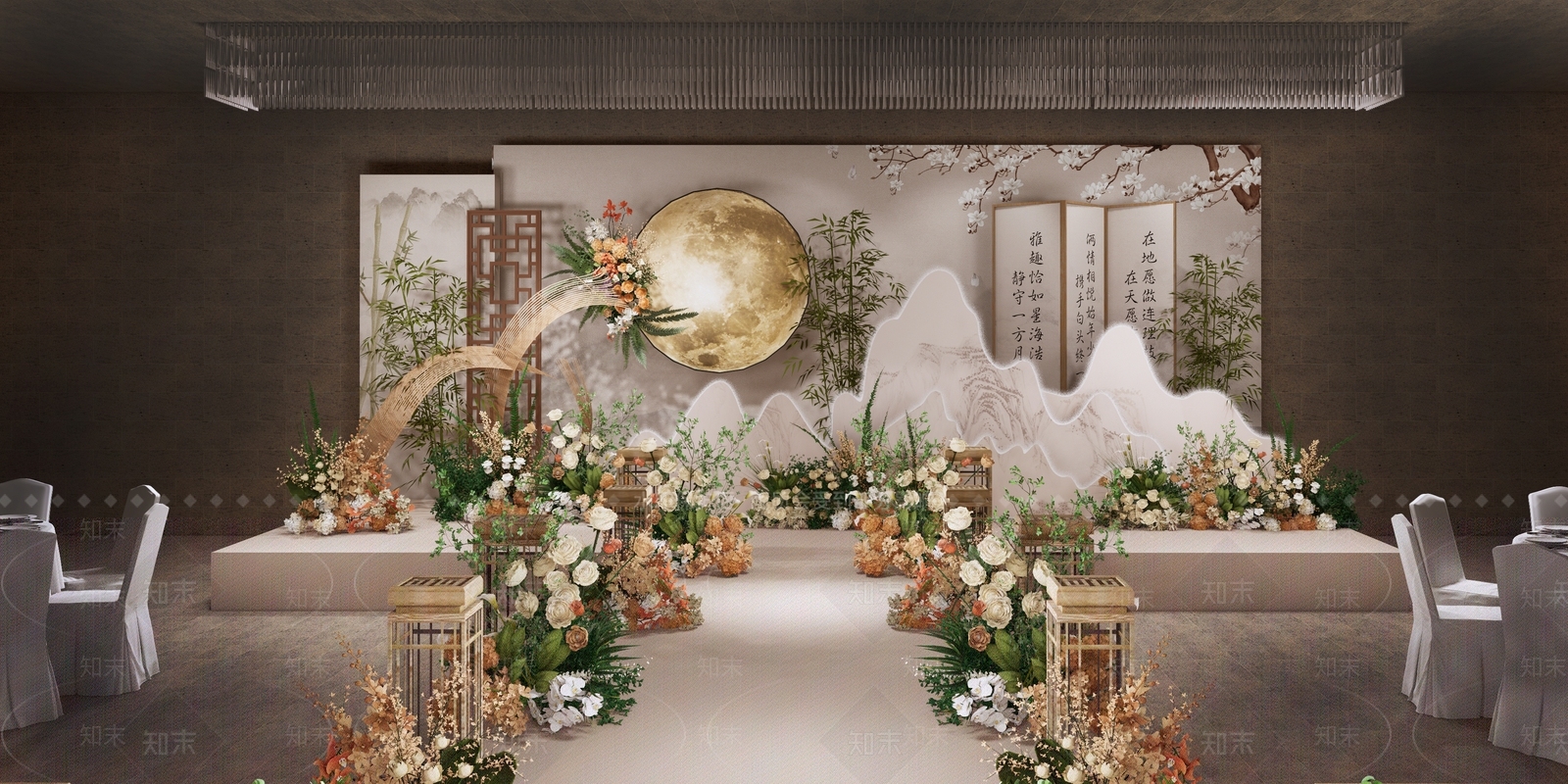 新中式婚礼酒店宴会厅SU模型下载【ID:1147888568】