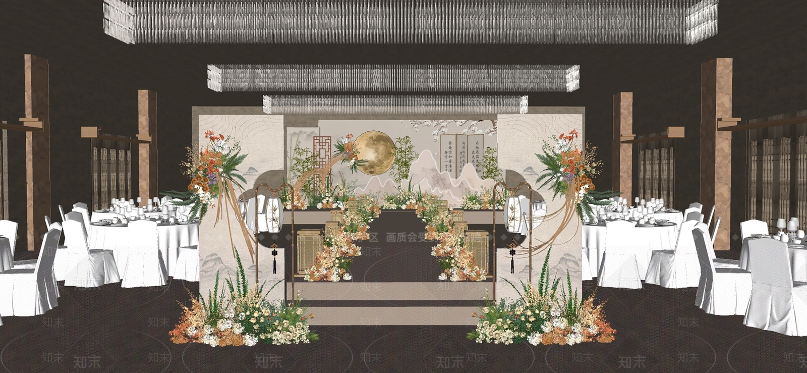 新中式婚礼酒店宴会厅SU模型下载【ID:1147888568】