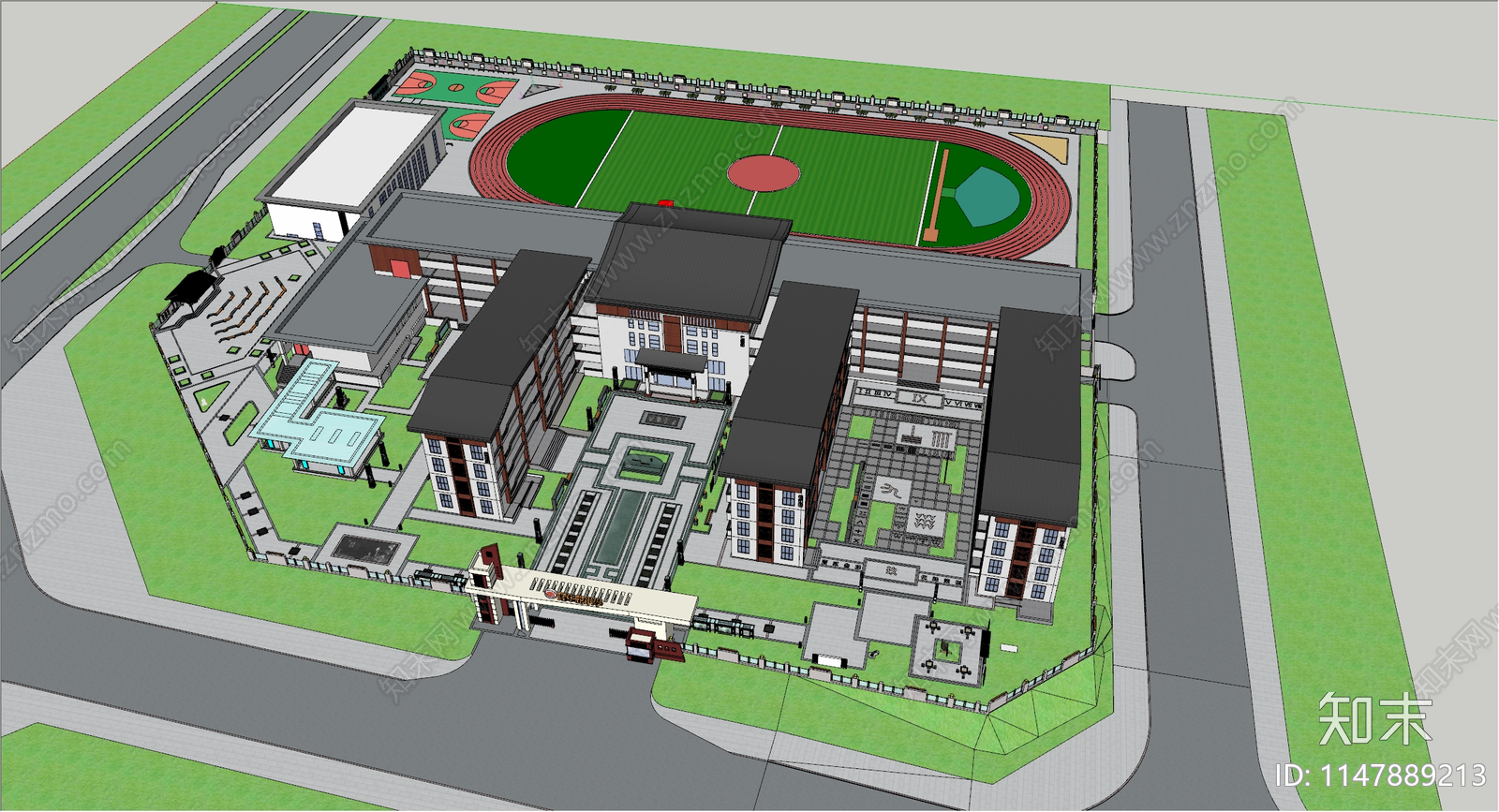 新中式校园景观SU模型下载【ID:1147889213】
