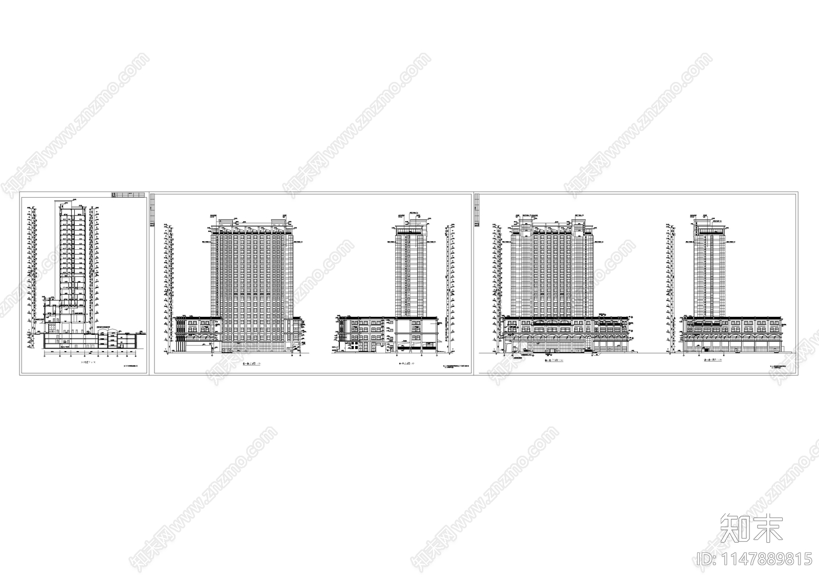 九套高层现代风格酒店建筑施工图cad施工图下载【ID:1147889815】