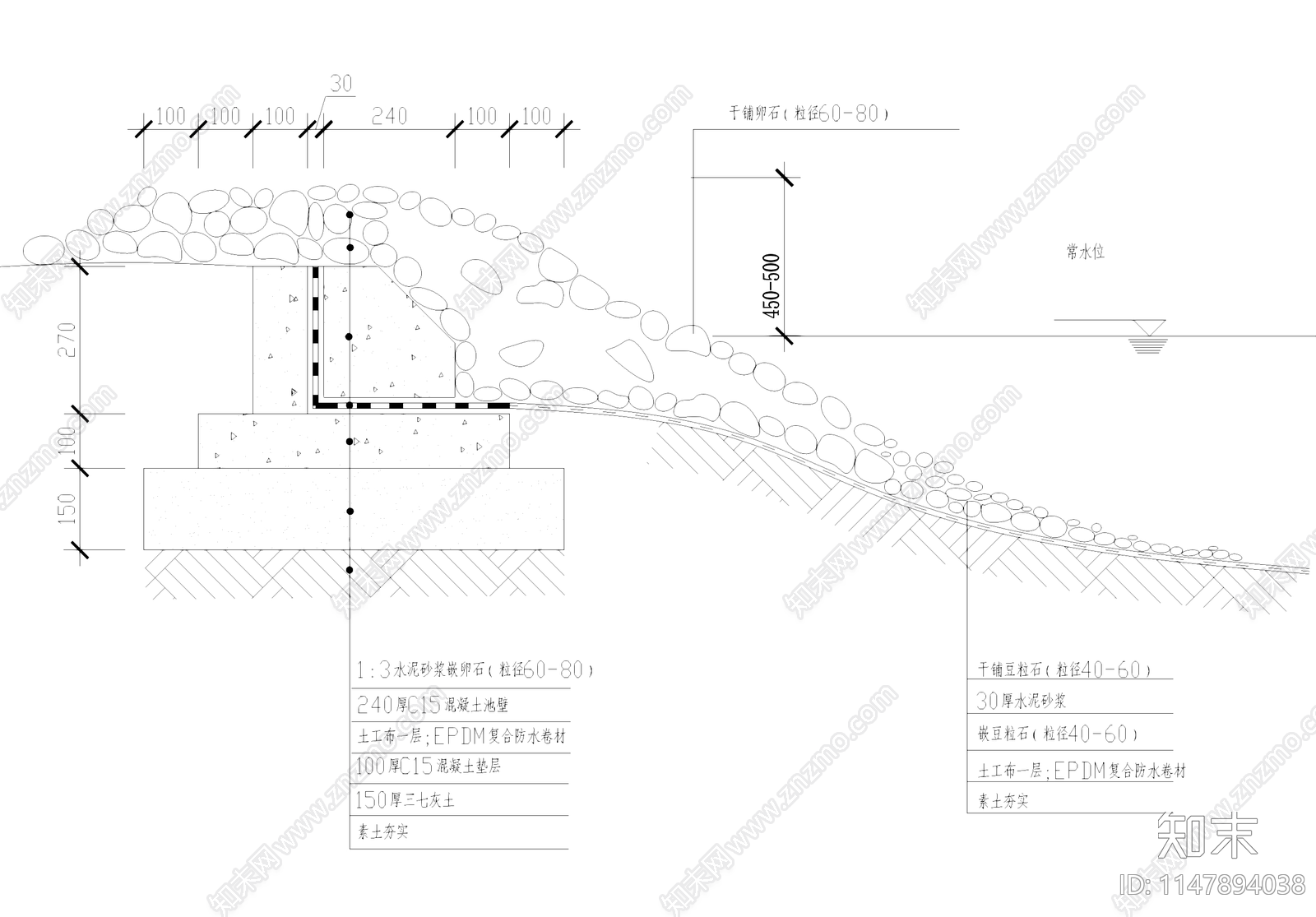 毛石堤岸与池底景观cad施工图下载【ID:1147894038】