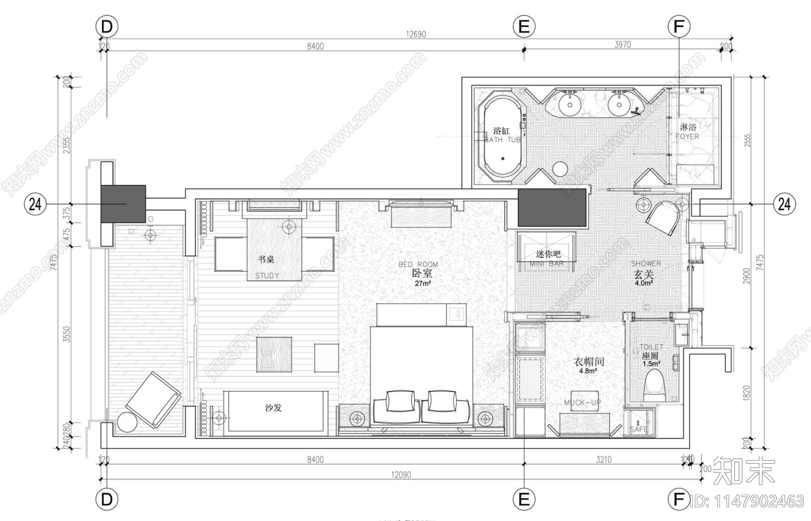 60㎡标准星级酒店大床房带浴缸阳台施工图施工图下载【ID:1147902463】