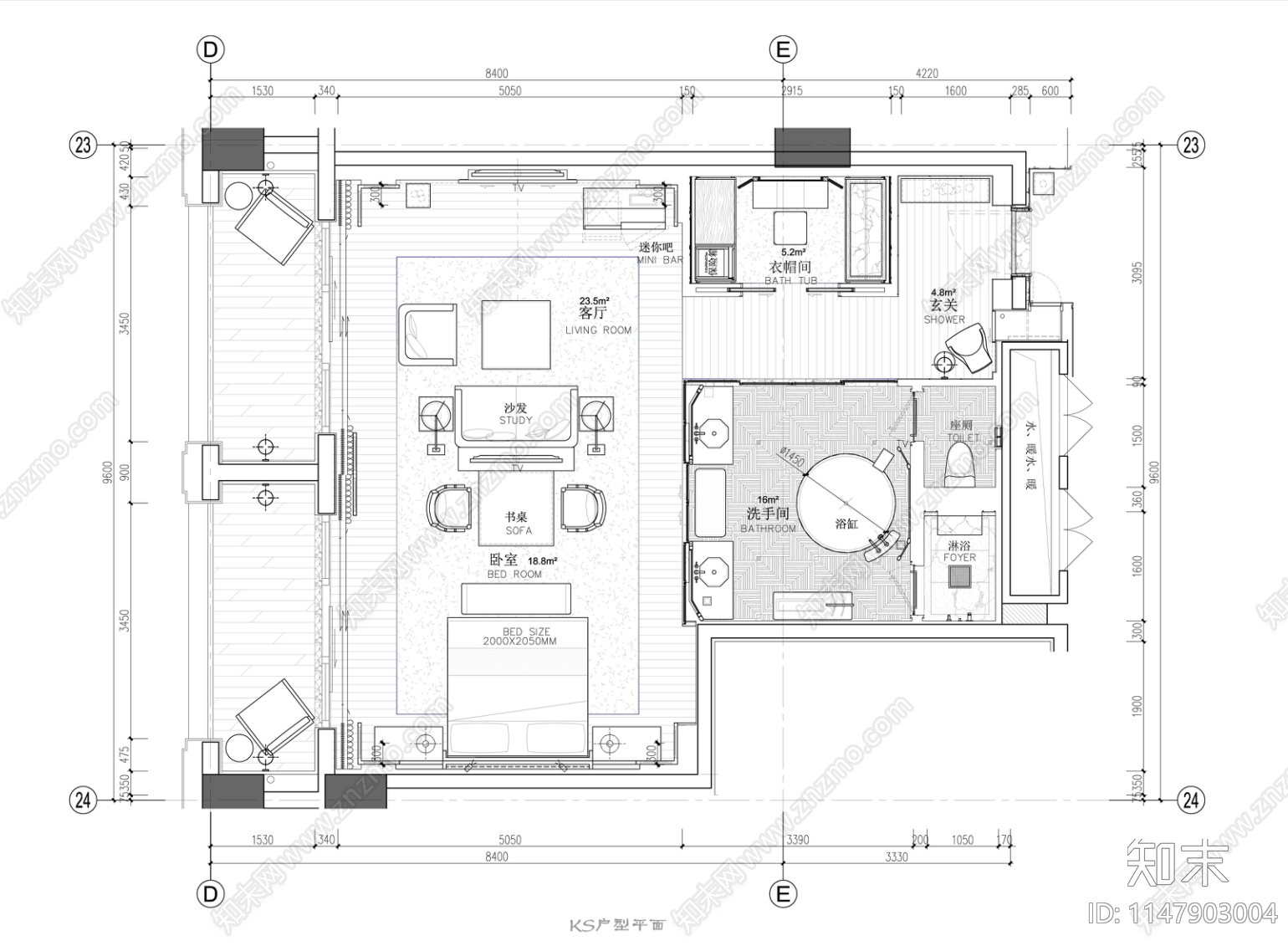 90㎡标准星级酒店大床房带衣帽间浴缸阳台施工图施工图下载【ID:1147903004】
