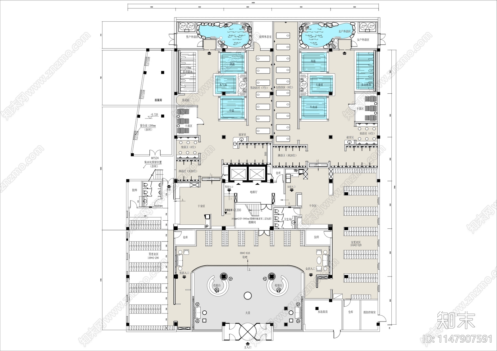 洗浴中心水疗SPA会所室内平面图施工图下载【ID:1147907591】