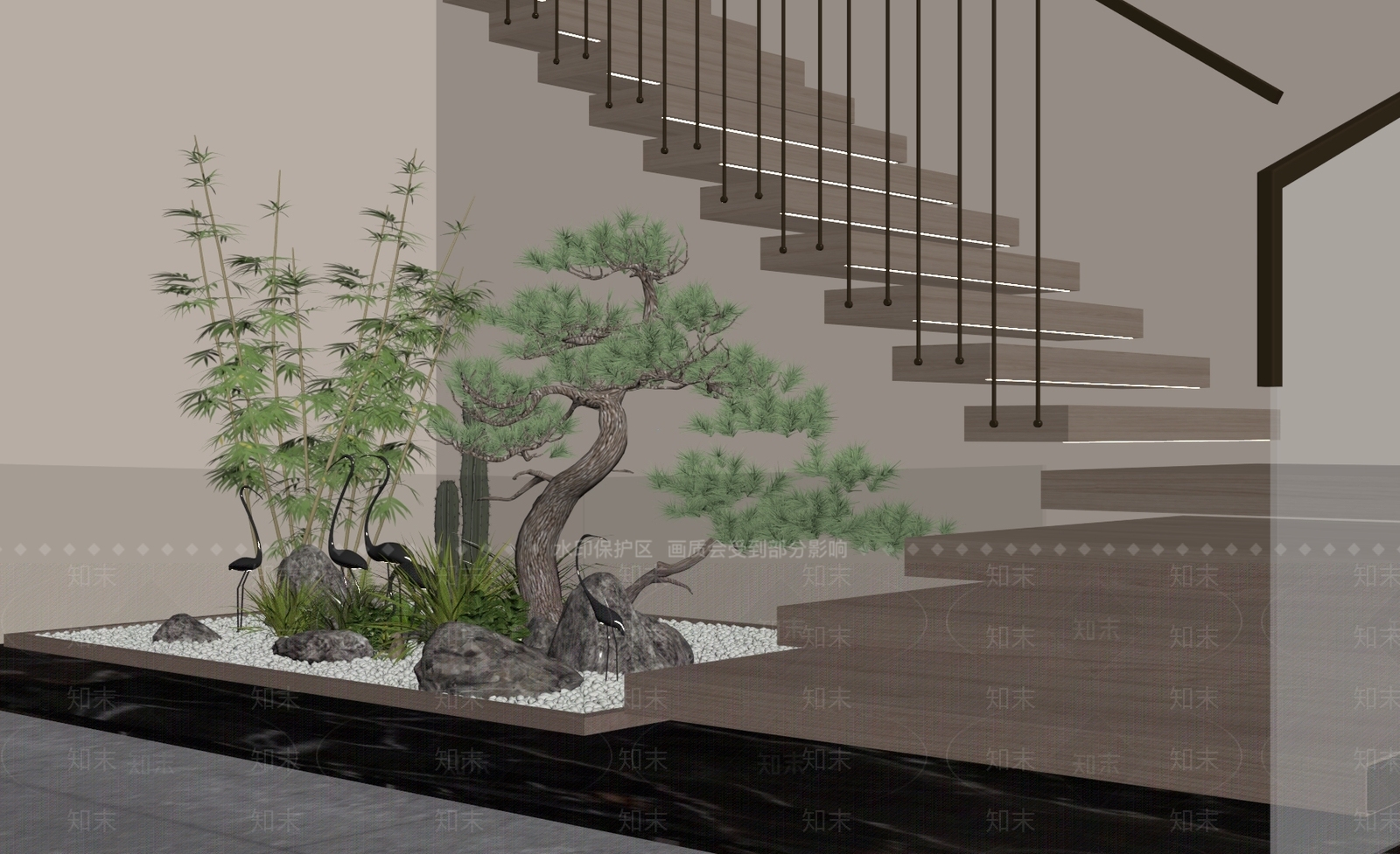 新中式楼梯间造景SU模型下载【ID:1147913224】