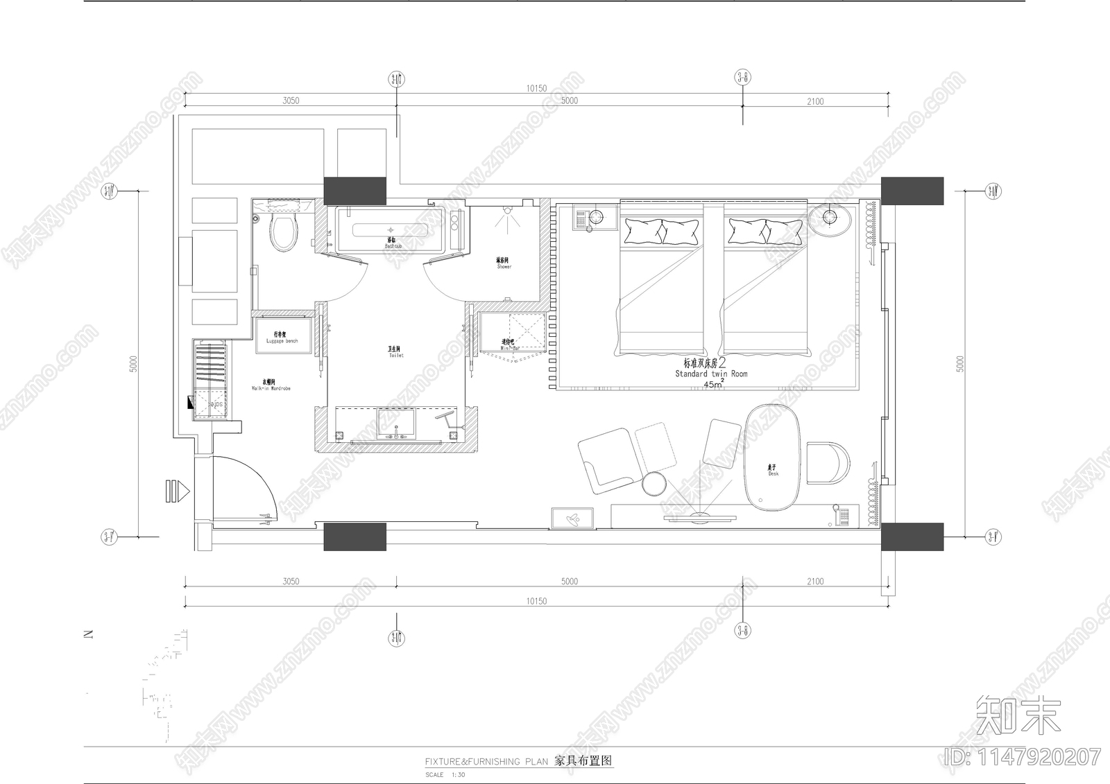 标准双床房室内cad施工图下载【ID:1147920207】