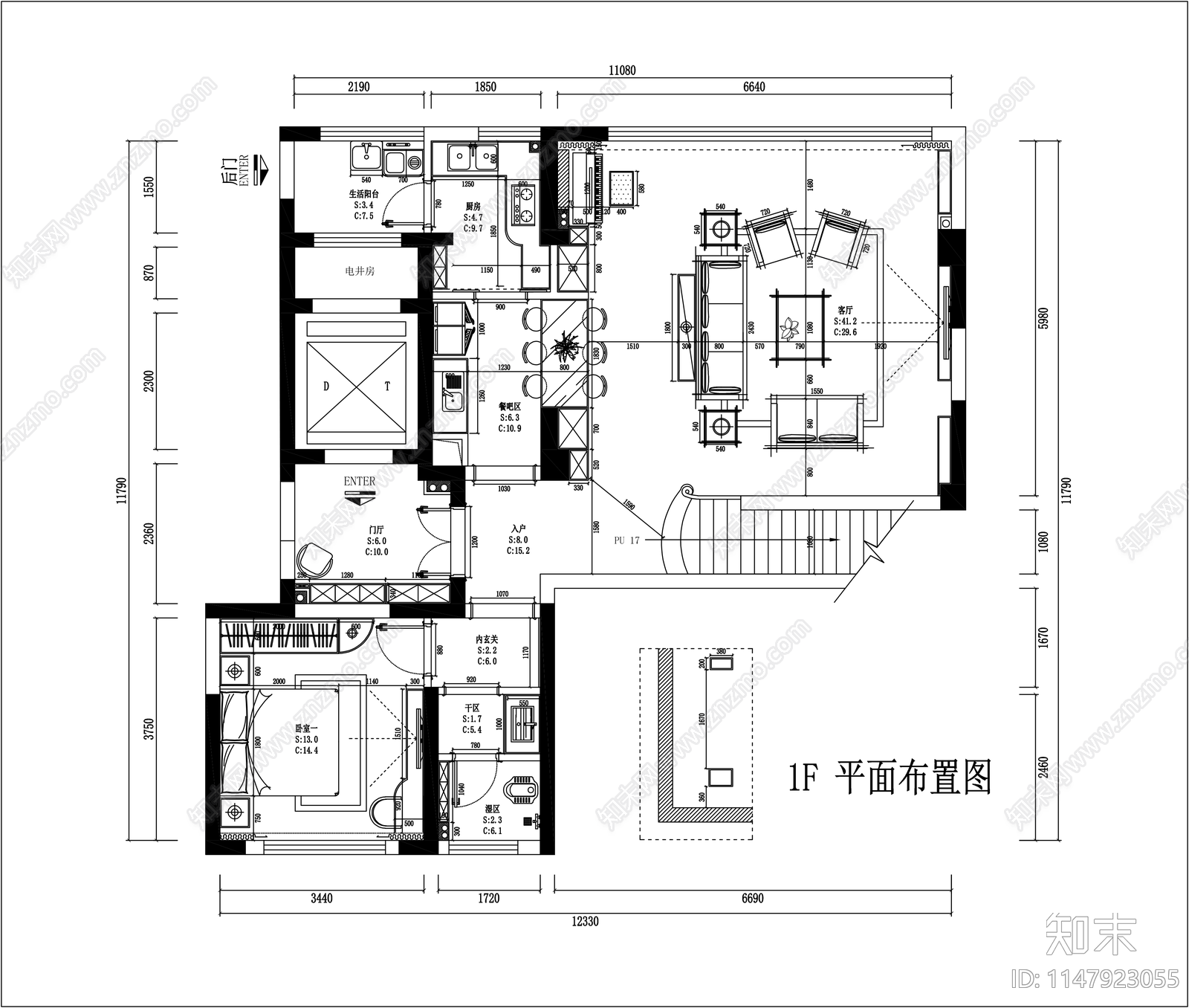 雍景阁别墅室内cad施工图下载【ID:1147923055】