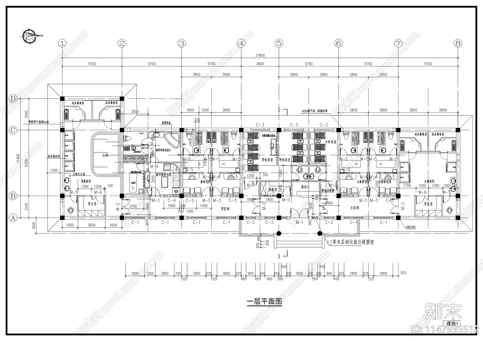 桑拿中心建筑cad施工图下载【ID:1147935512】