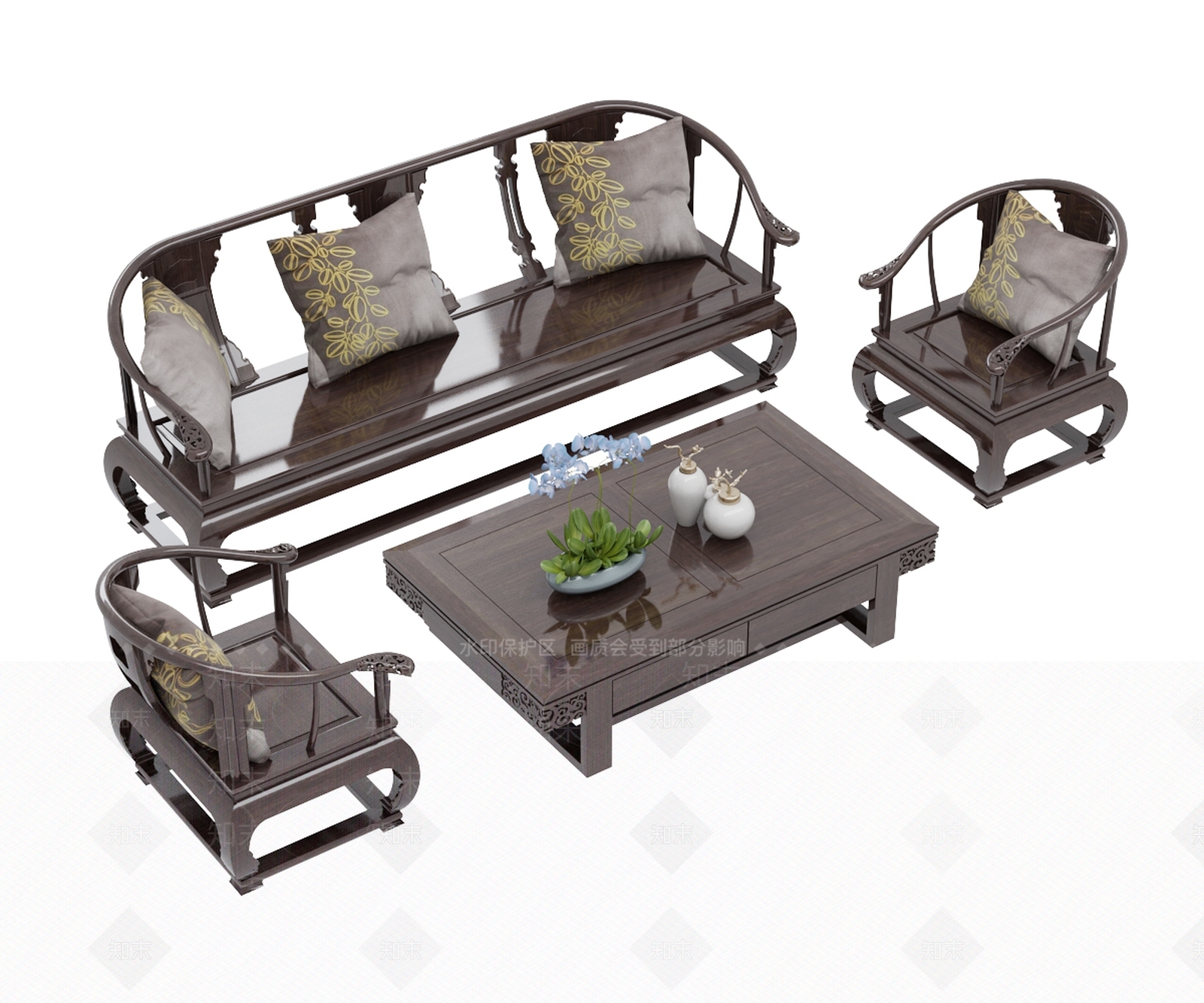 中式红木沙发茶几组合3D模型下载【ID:1147951767】