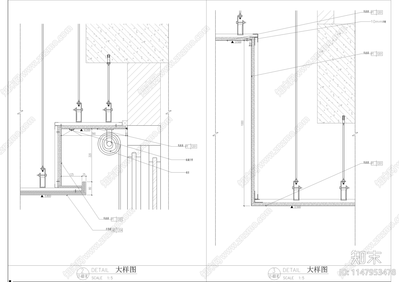 餐厅吊顶天花节点大样图cad施工图下载【ID:1147953478】