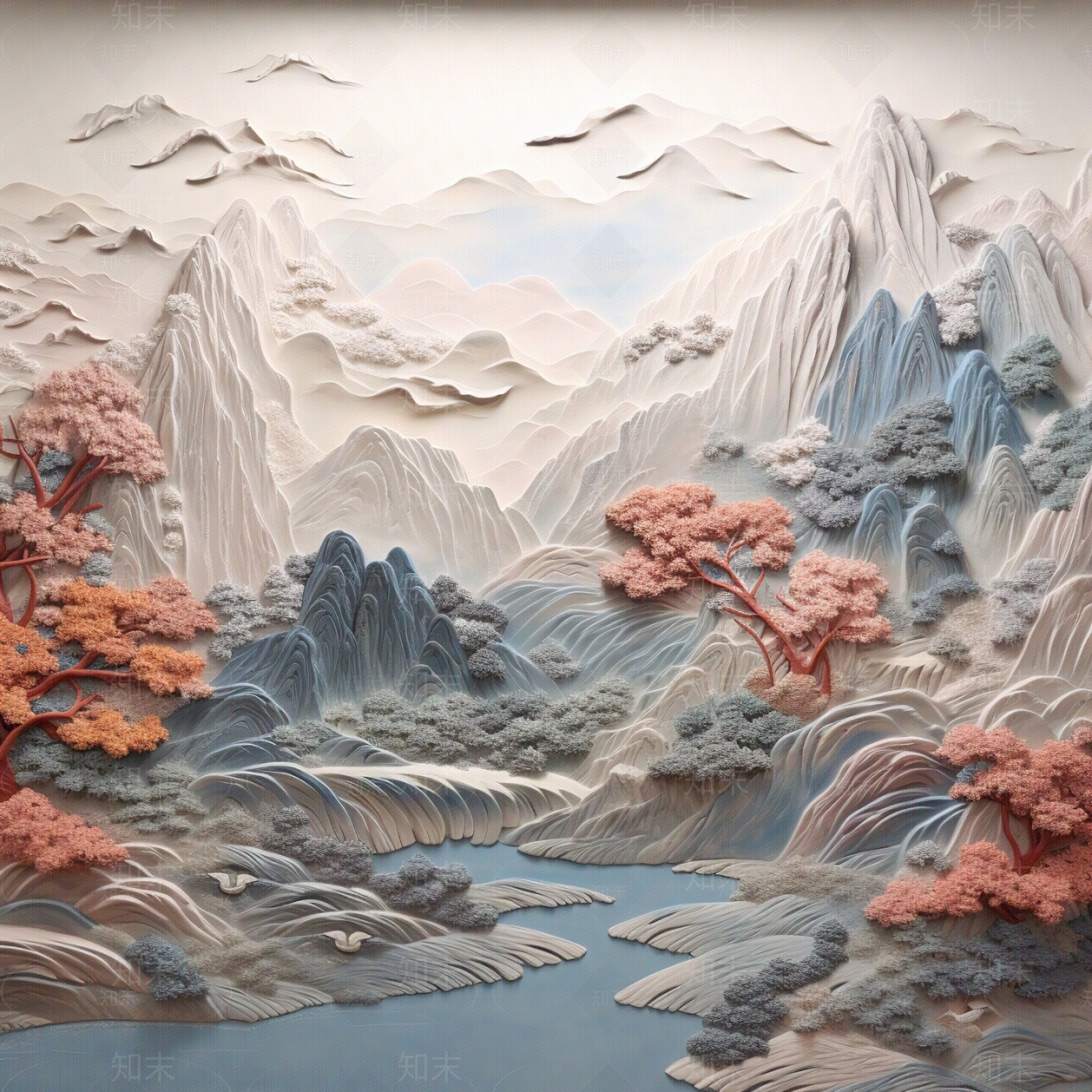 中式山水园林浮雕装饰画贴图下载【ID:1147965890】