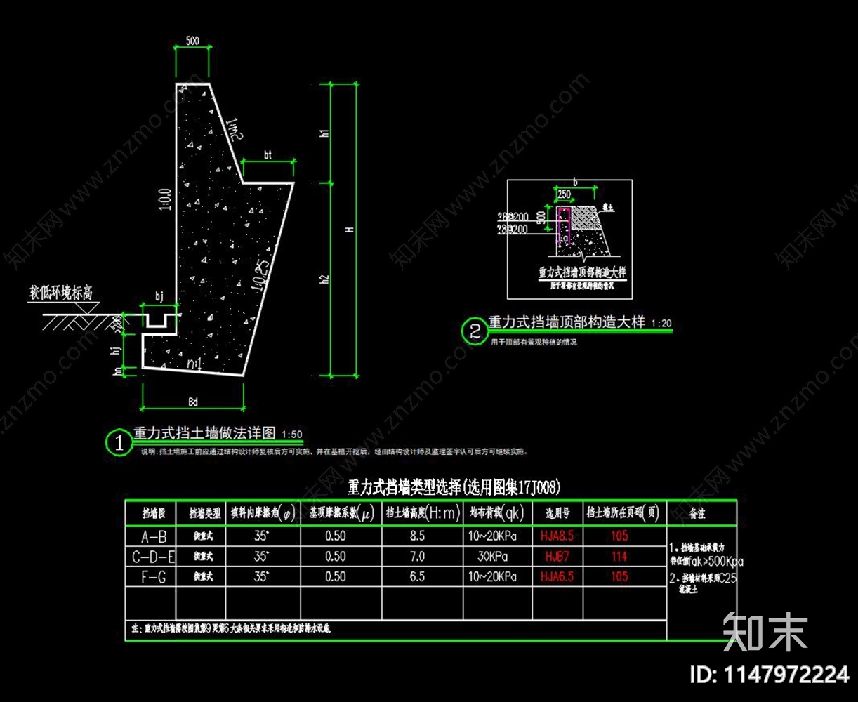 重力式挡墙cad施工图下载【ID:1147972224】