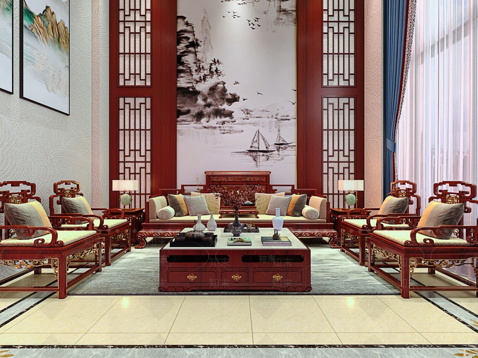 中式红木沙发茶几组合3D模型下载【ID:1148004381】